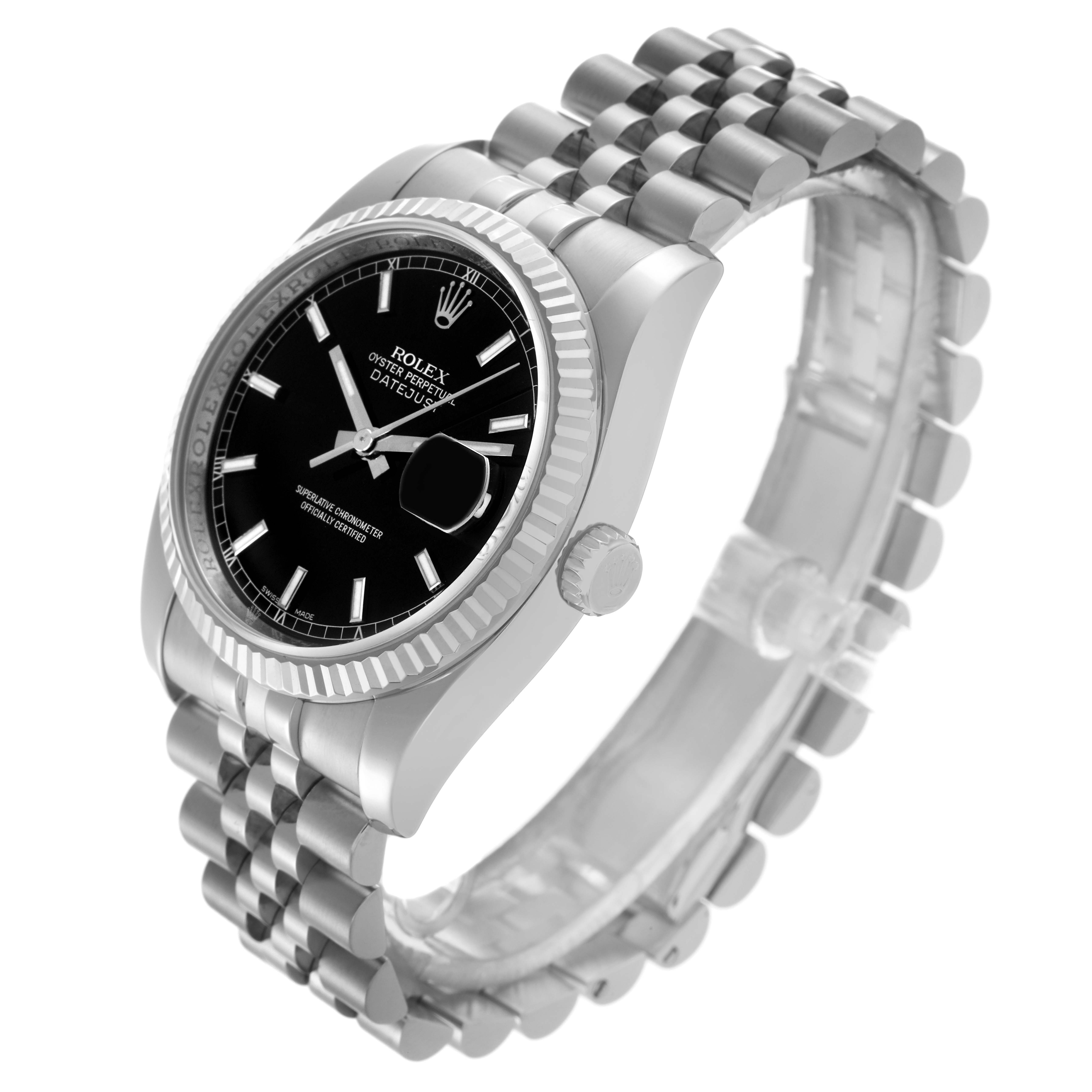 The Rolex Datejust 116234 Men's Stainless Steel Black Dial 116234 Men's Stainless Steel Black Dial watch is shown at an angled top-side view, featuring the dial, bezel, and Jubilee bracelet.