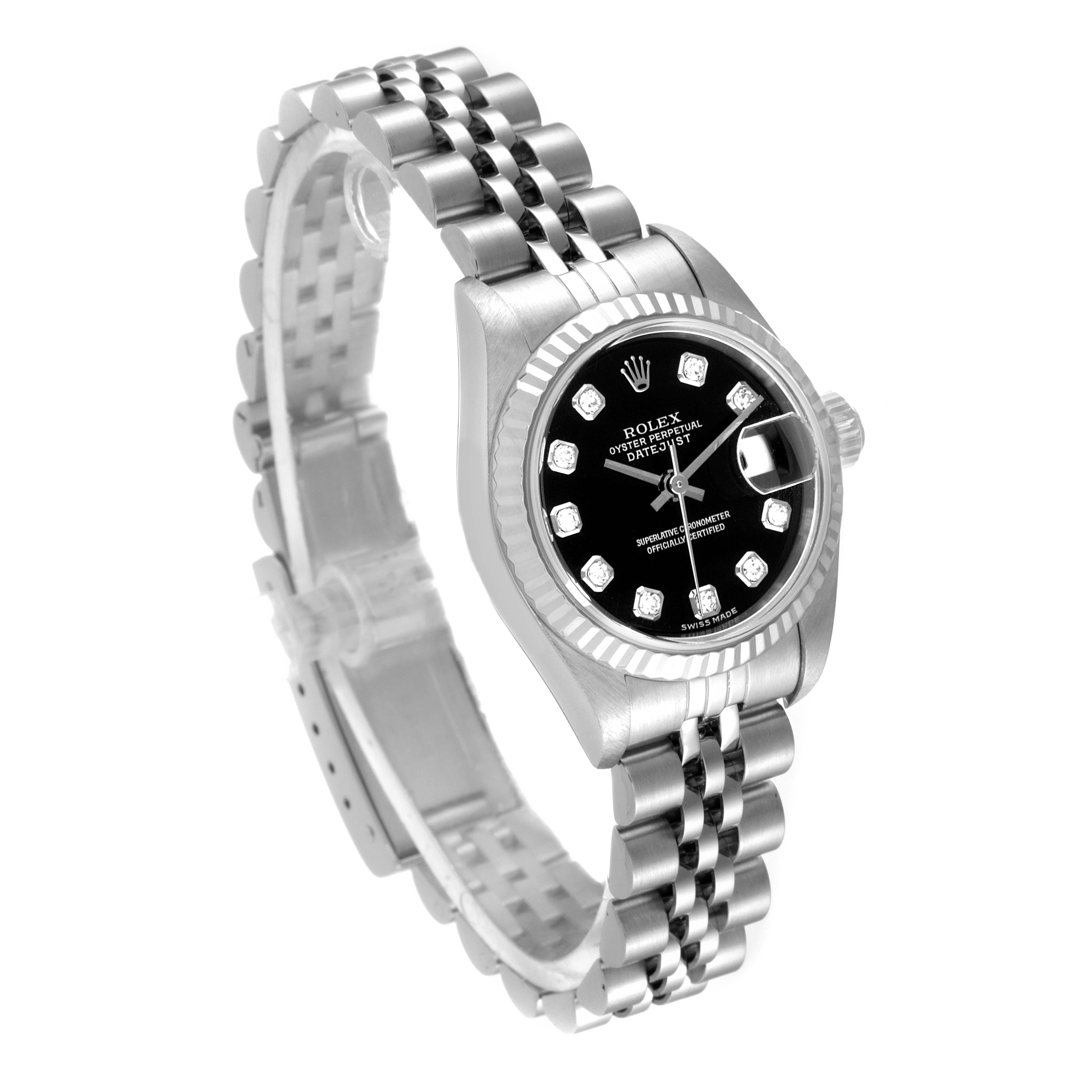 The image shows a Rolex Datejust 79174 Women's Stainless Steel Black Dial 79174 Women's Stainless Steel Black Dial watch from an angled side view, highlighting the bezel, dial, hands, and jubilee bracelet.