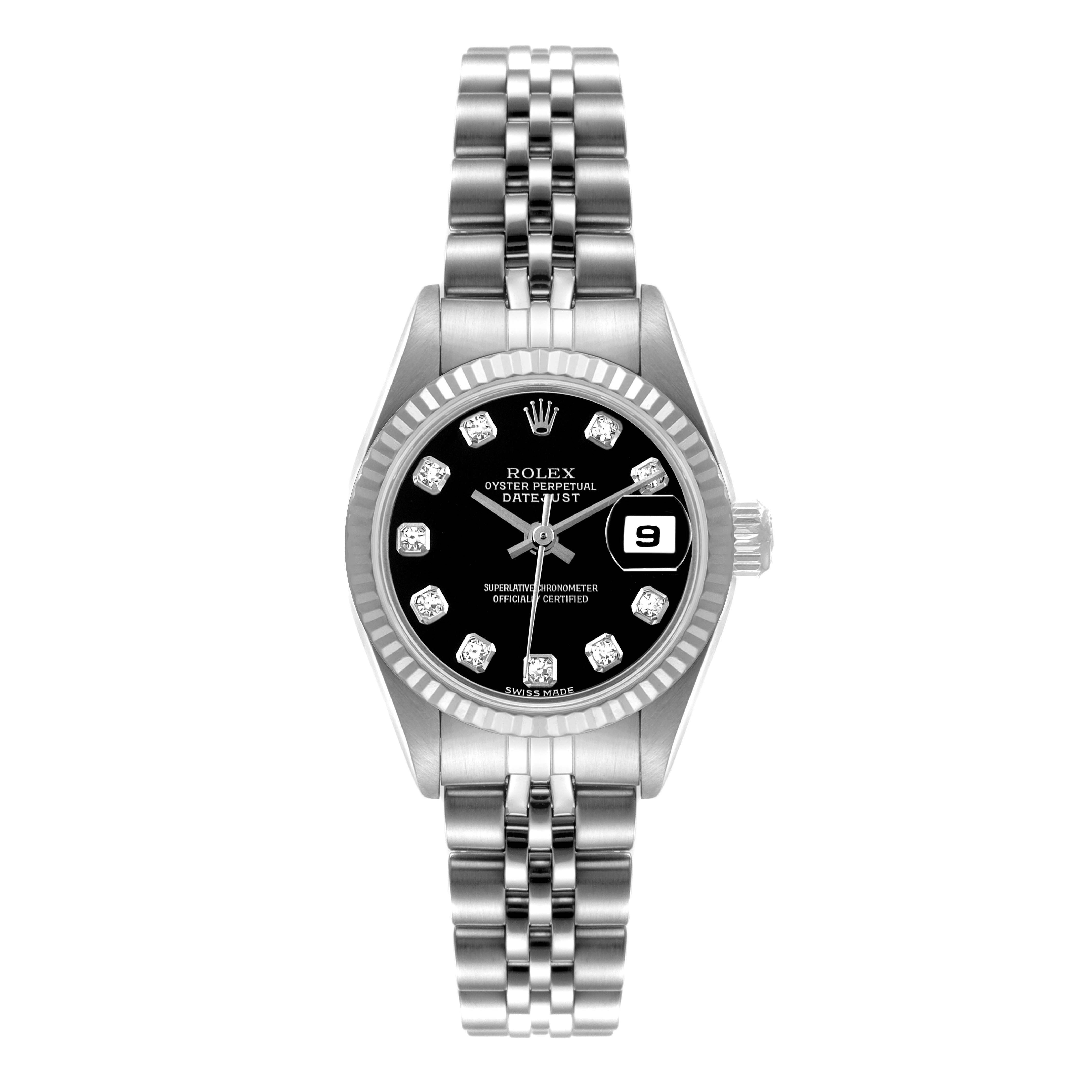 The Rolex Datejust 79174 Women's Stainless Steel Black Dial 79174 Women's Stainless Steel Black Dial watch is shown from a top-down view, displaying the full face, bezel, and bracelet.
