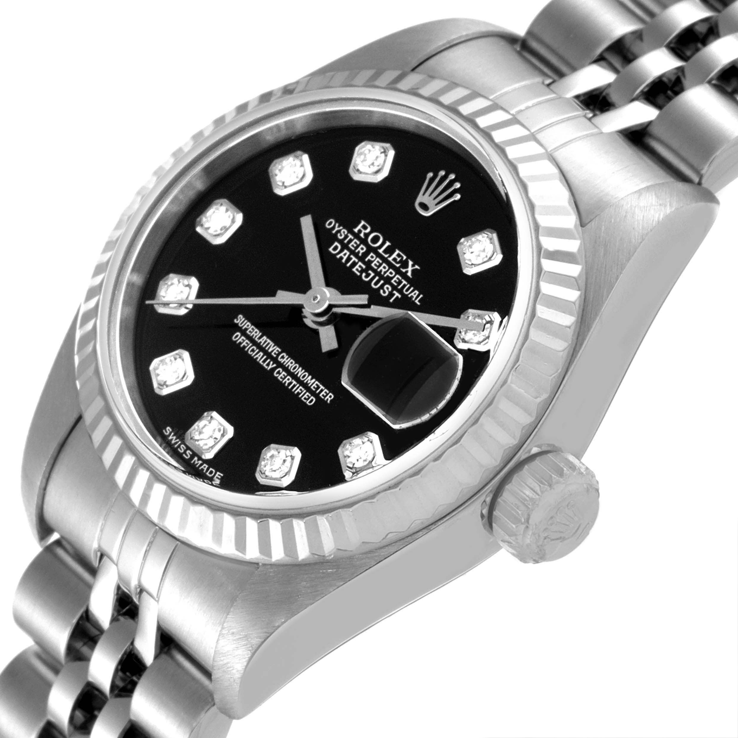 The Rolex Datejust 79174 Women's Stainless Steel Black Dial 79174 Women's Stainless Steel Black Dial watch is shown at an angle highlighting the dial, bezel, crown, and part of the bracelet.