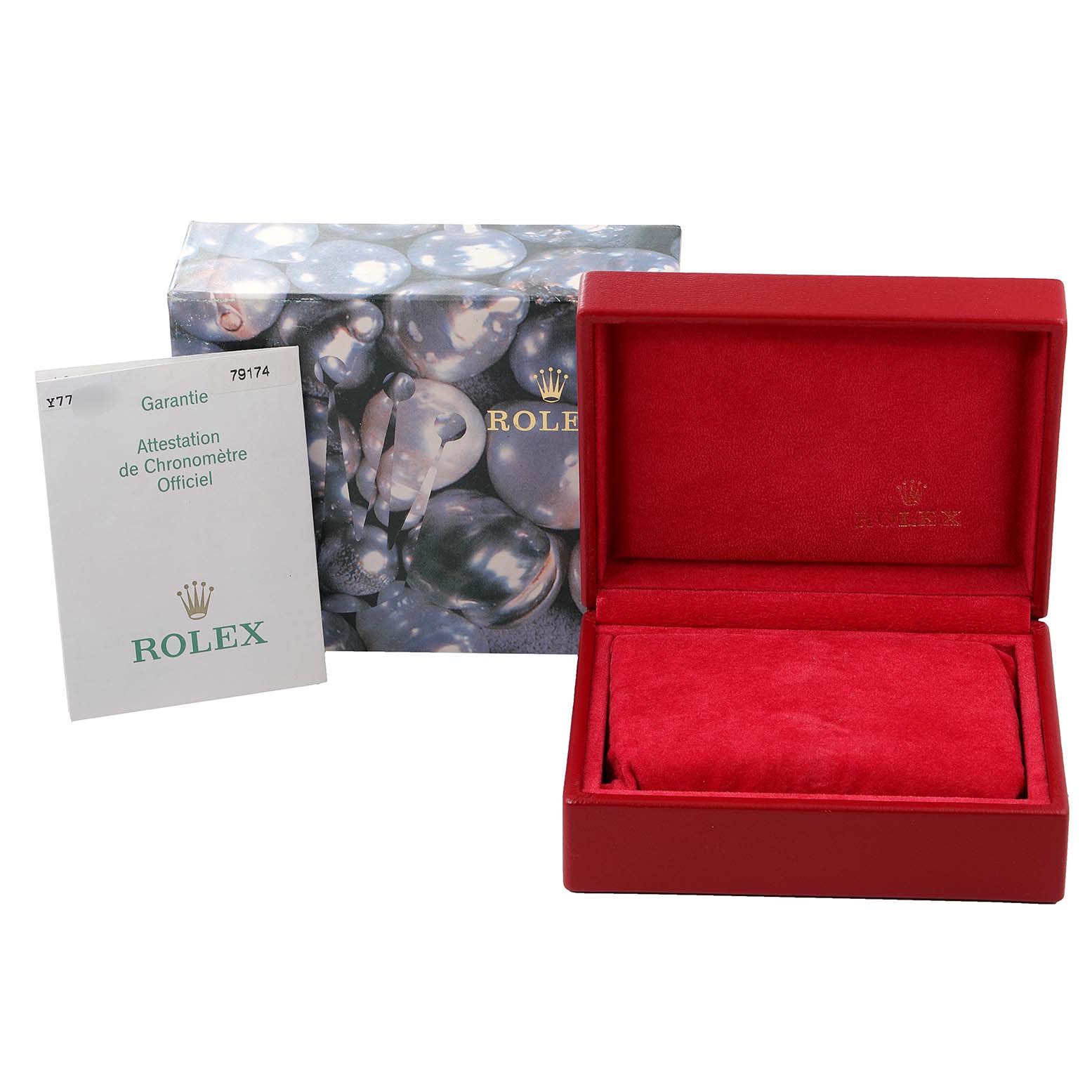 The image shows the packaging for a Rolex Datejust 79174 Women's Stainless Steel Black Dial 79174 Women's Stainless Steel Black Dial, including the outer box, red inner box, and warranty booklet.