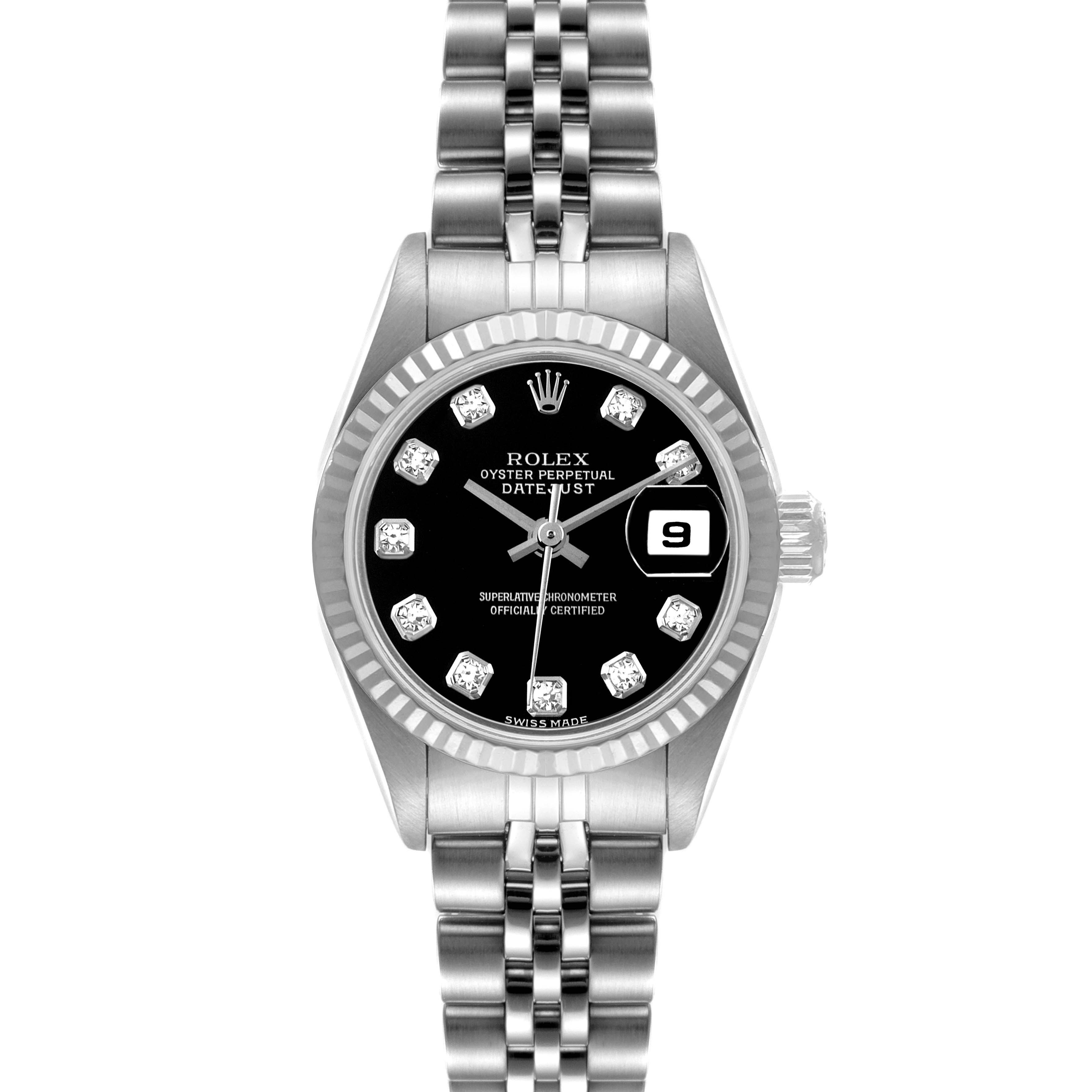 The image shows a front view of the Rolex Datejust 79174 Women's Stainless Steel Black Dial 79174 Women's Stainless Steel Black Dial watch, featuring a black dial, fluted bezel, and Jubilee bracelet.