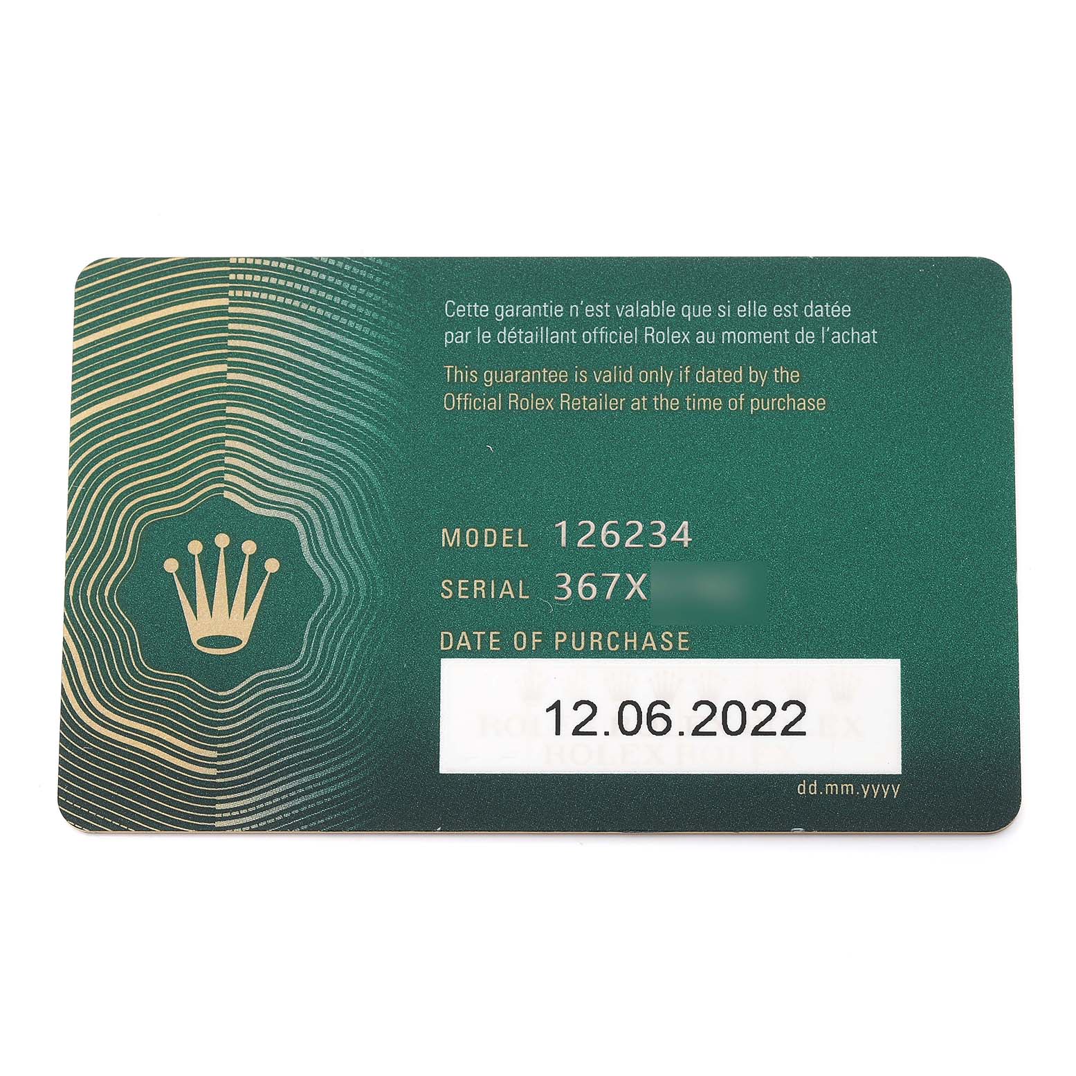 The image shows a warranty card for a Rolex Datejust 126234 Men's Stainless Steel Green Dial 126234 Men's Stainless Steel Green Dial model 126234.