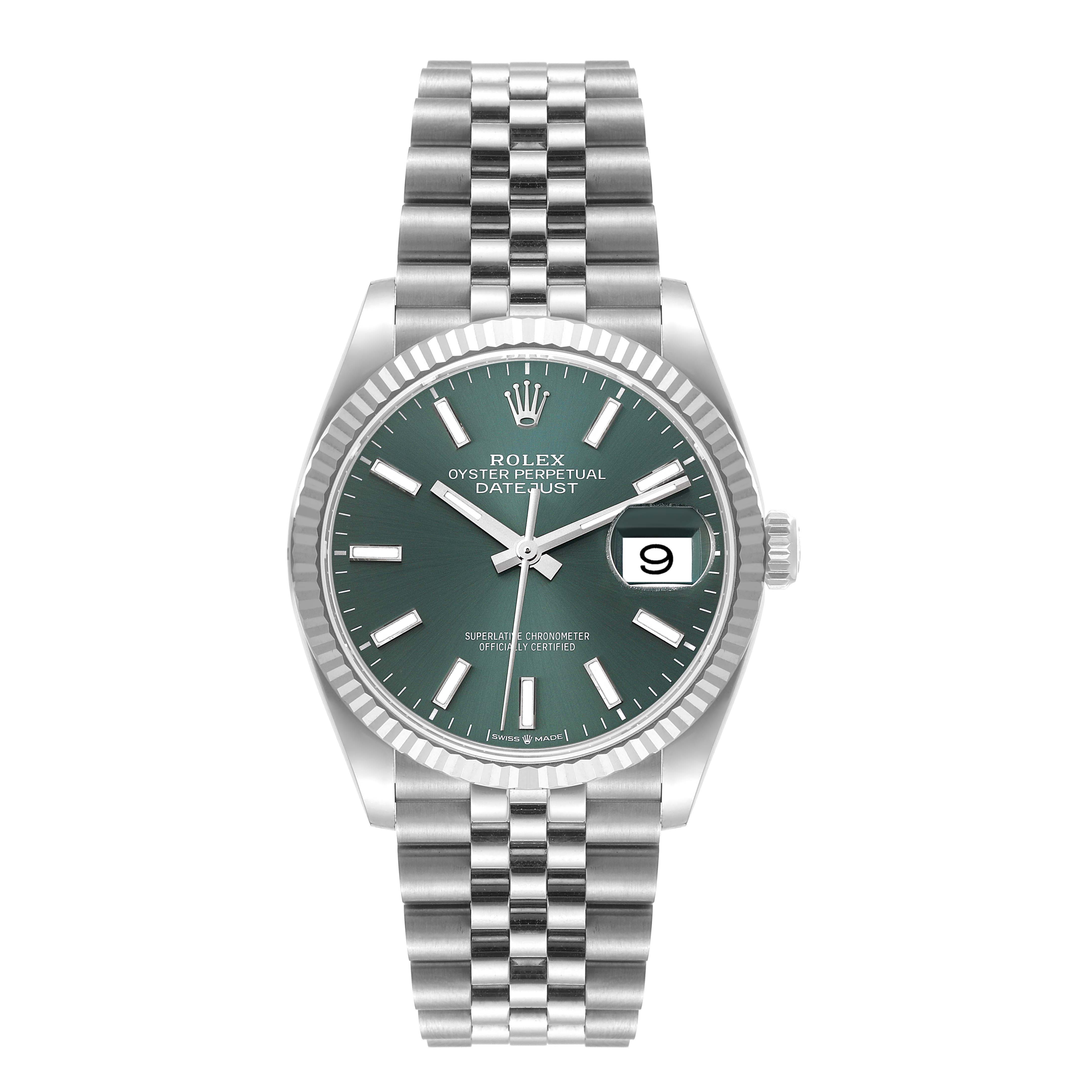 The Rolex Datejust 126234 Men's Stainless Steel Green Dial 126234 Men's Stainless Steel Green Dial watch is shown from a front angle, displaying its face, bezel, and bracelet.