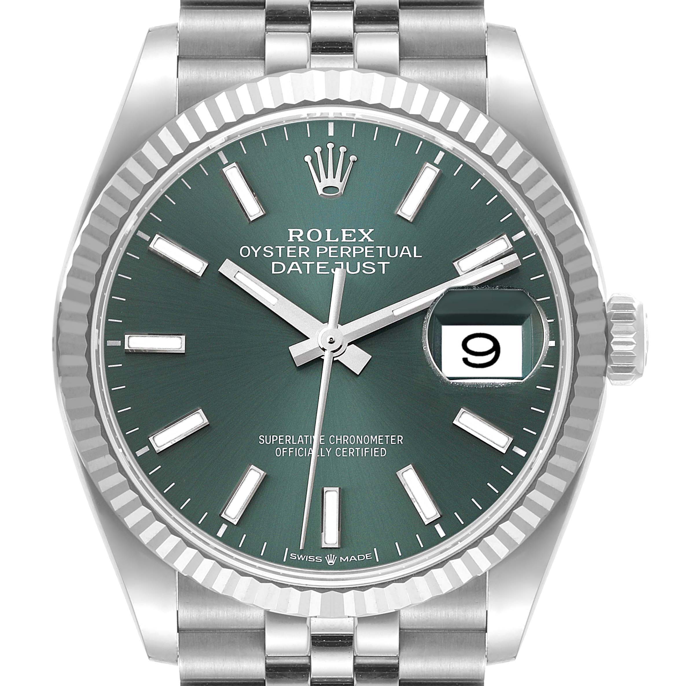 The image shows a frontal view of a Rolex Datejust 126234 Men's Stainless Steel Green Dial 126234 Men's Stainless Steel Green Dial watch featuring a green dial, fluted bezel, and date display with a Jubilee bracelet.