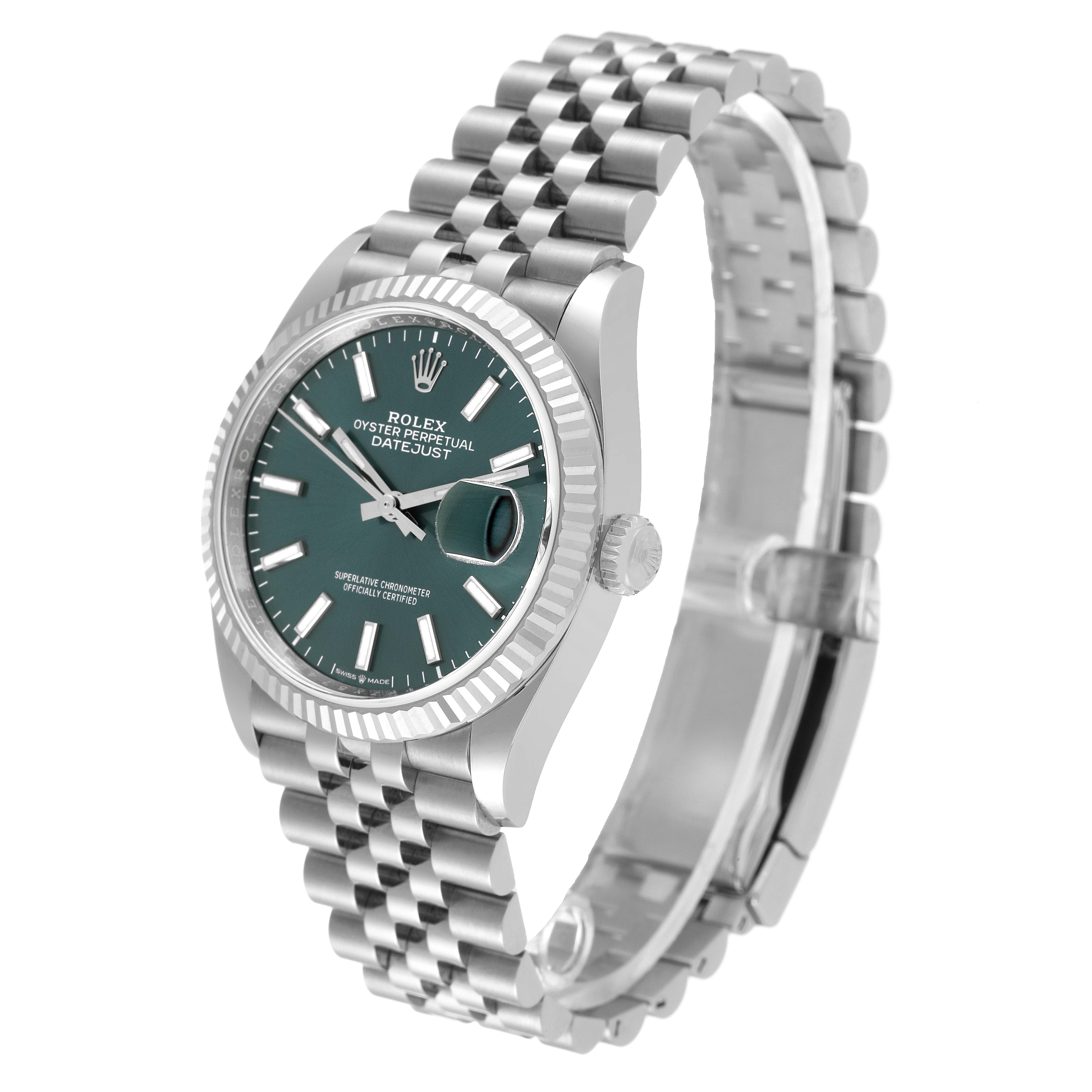 The image shows a side angle view of a Rolex Datejust 126234 Men's Stainless Steel Green Dial 126234 Men's Stainless Steel Green Dial watch, featuring the face, bracelet, and crown.