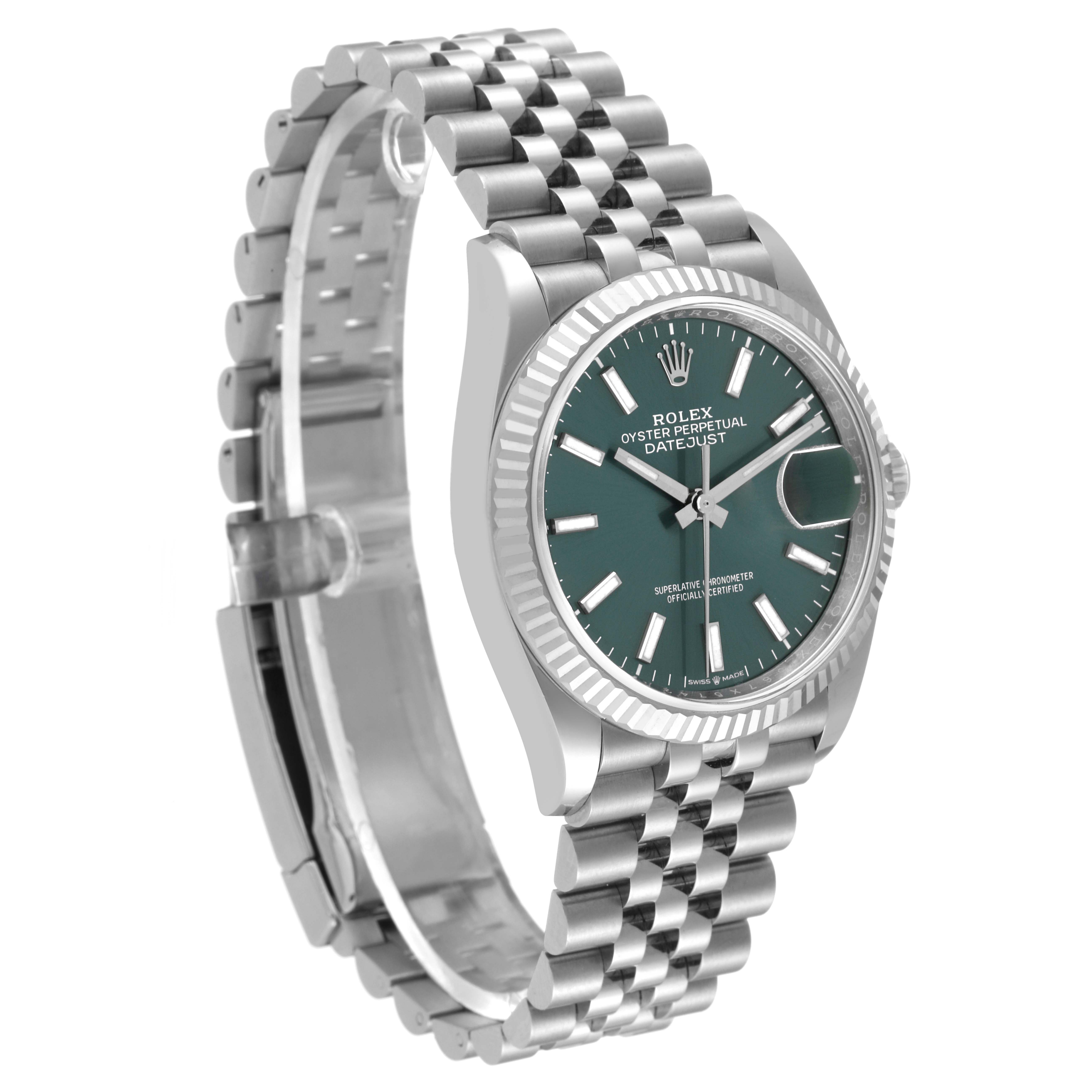 The Rolex Datejust 126234 Men's Stainless Steel Green Dial 126234 Men's Stainless Steel Green Dial watch is shown at a three-quarter angle with a clear view of the bracelet, case, dial, and crown.
