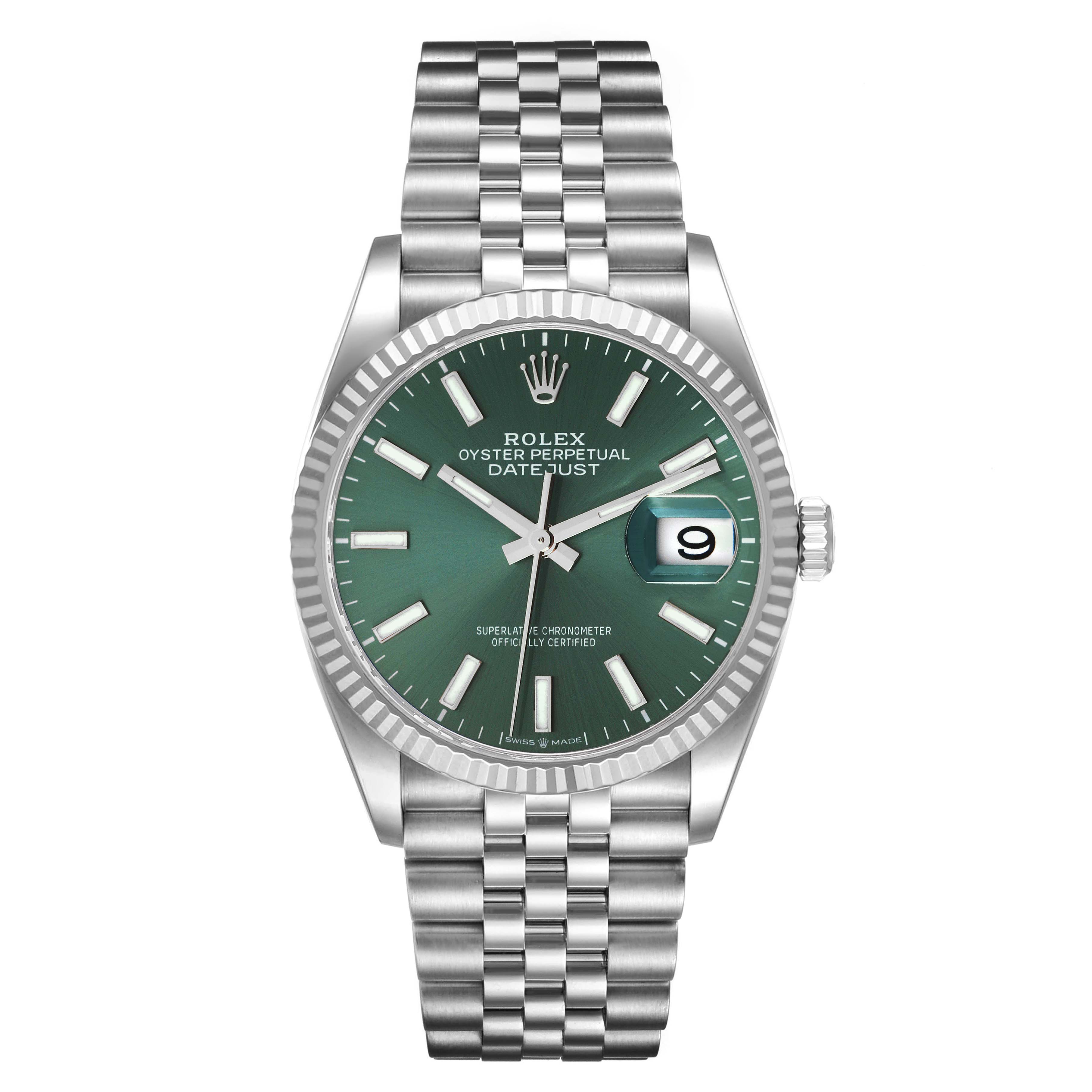 This image shows a front view of the Rolex Datejust 126234 Men's Stainless Steel Green Dial 126234 Men's Stainless Steel Green Dial watch, highlighting its green dial, fluted bezel, and Jubilee bracelet.