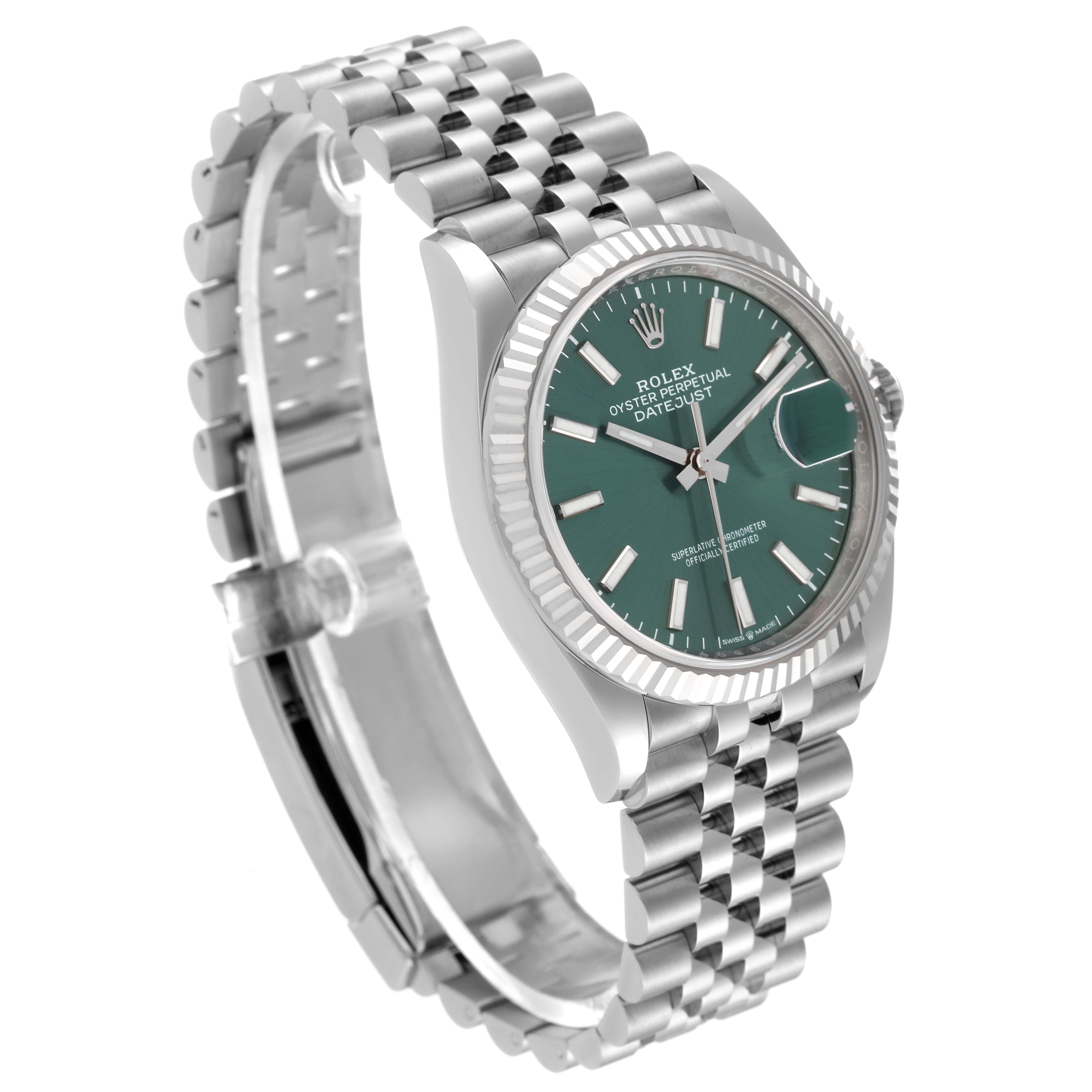 The image shows a side angle of a Rolex Datejust 126234 Men's Stainless Steel Green Dial 126234 Men's Stainless Steel Green Dial watch, displaying the face, fluted bezel, and Jubilee bracelet.