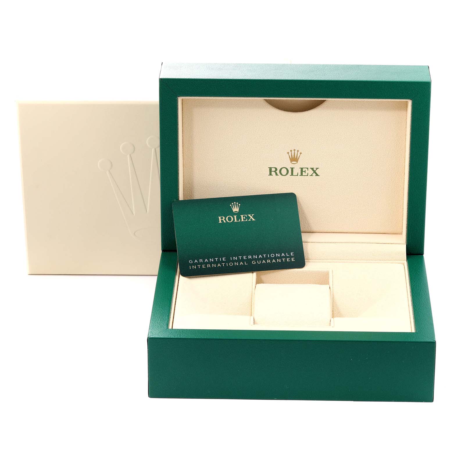 The image shows the packaging box and the guarantee card for the Rolex Datejust 126234 Men's Stainless Steel Green Dial 126234 Men's Stainless Steel Green Dial watch model.