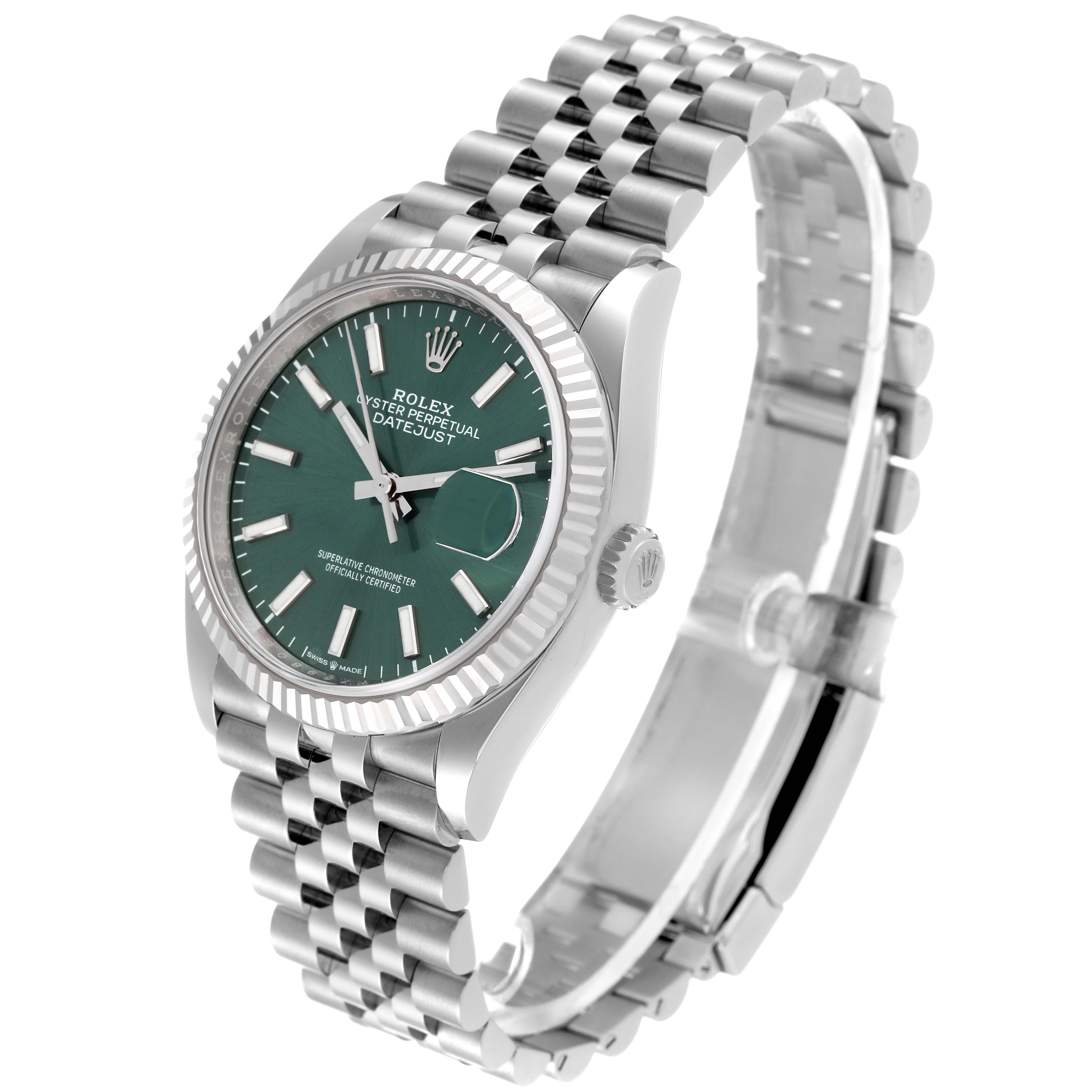 This Rolex Datejust 126234 Men's Stainless Steel Green Dial 126234 Men's Stainless Steel Green Dial watch is shown at a slight angle, highlighting the face, bracelet, and crown.