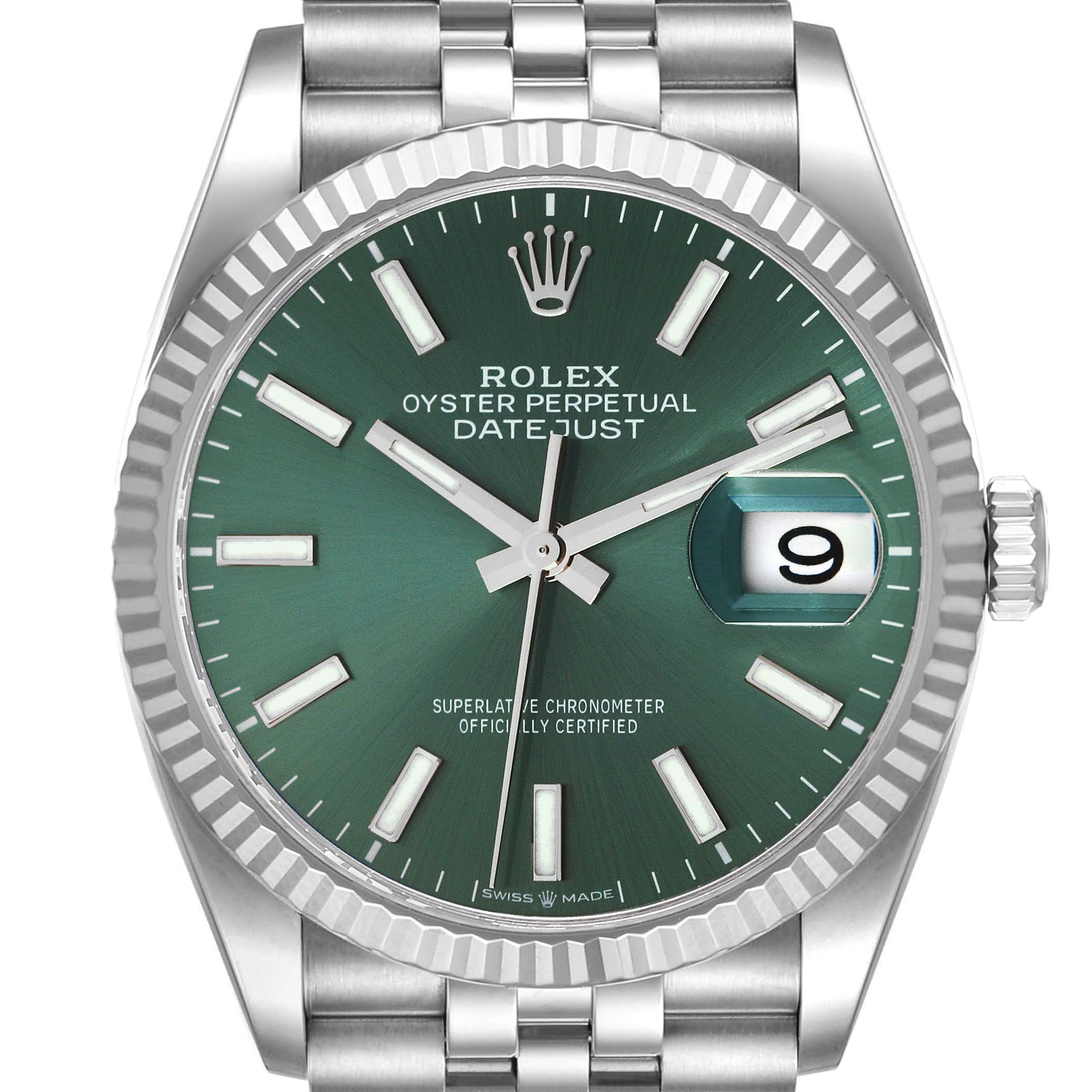 This image shows a front angle of the Rolex Datejust 126234 Men's Stainless Steel Green Dial 126234 Men's Stainless Steel Green Dial watch, highlighting its green dial, fluted bezel, and date display.
