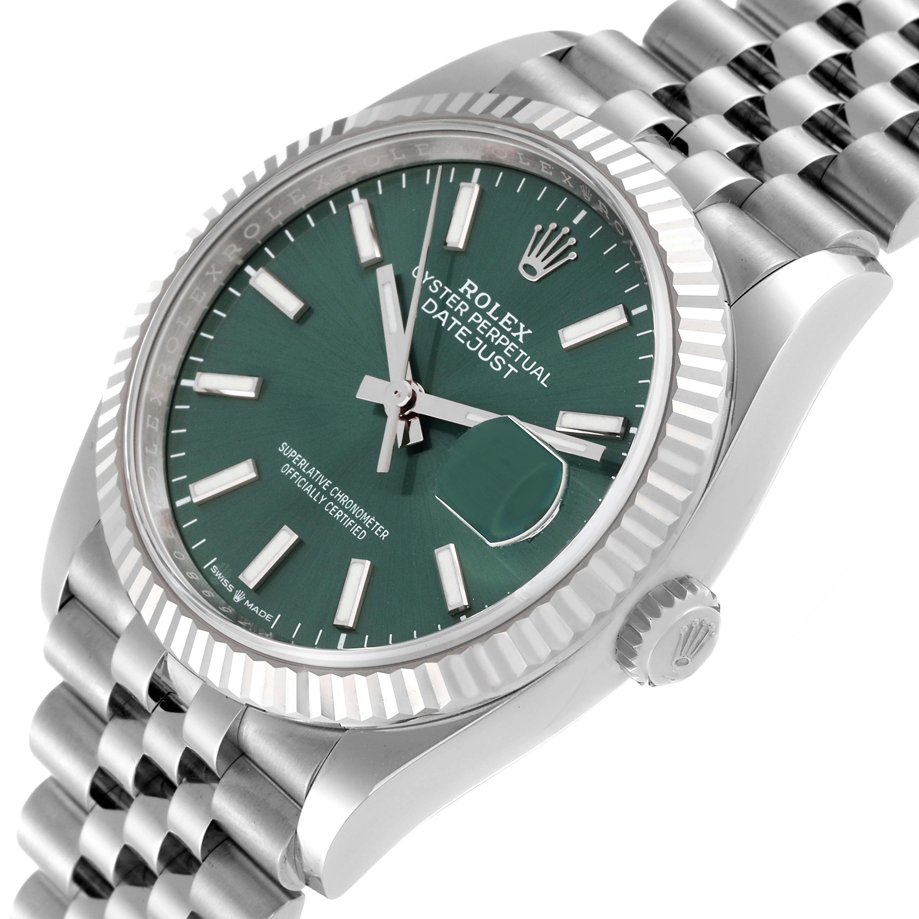 The image shows a side and partial top angle of a Rolex Datejust 126234 Men's Stainless Steel Green Dial 126234 Men's Stainless Steel Green Dial watch, highlighting the dial, bezel, crown, and Jubilee bracelet.