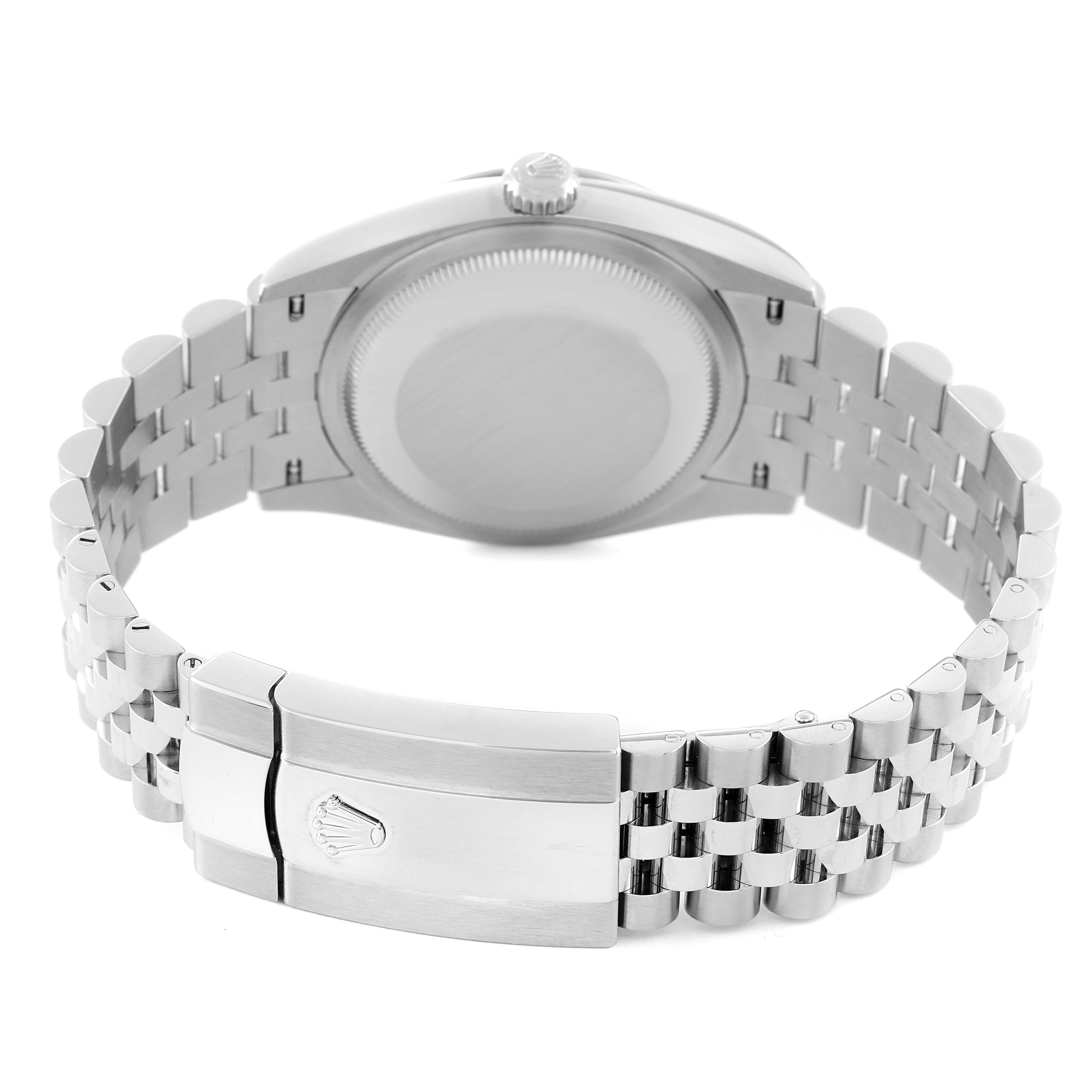 The image shows the back case, crown, and bracelet clasp of a Rolex Datejust 126234 Men's Stainless Steel Green Dial 126234 Men's Stainless Steel Green Dial watch from a rear angle.