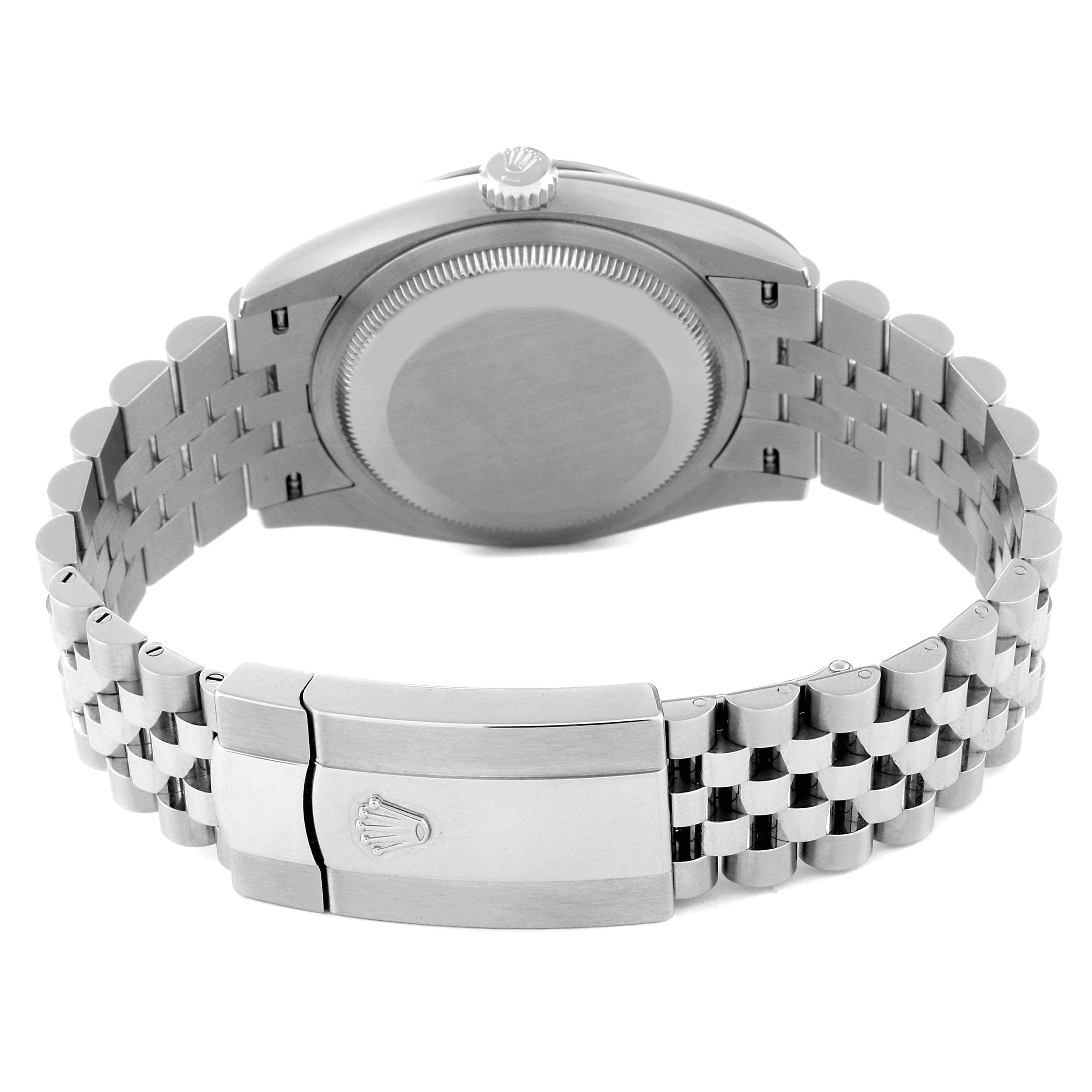 The image shows the back view of a Rolex Datejust 126234 Men's Stainless Steel Green Dial 126234 Men's Stainless Steel Green Dial watch, featuring the case back and Jubilee bracelet with the clasp visible.