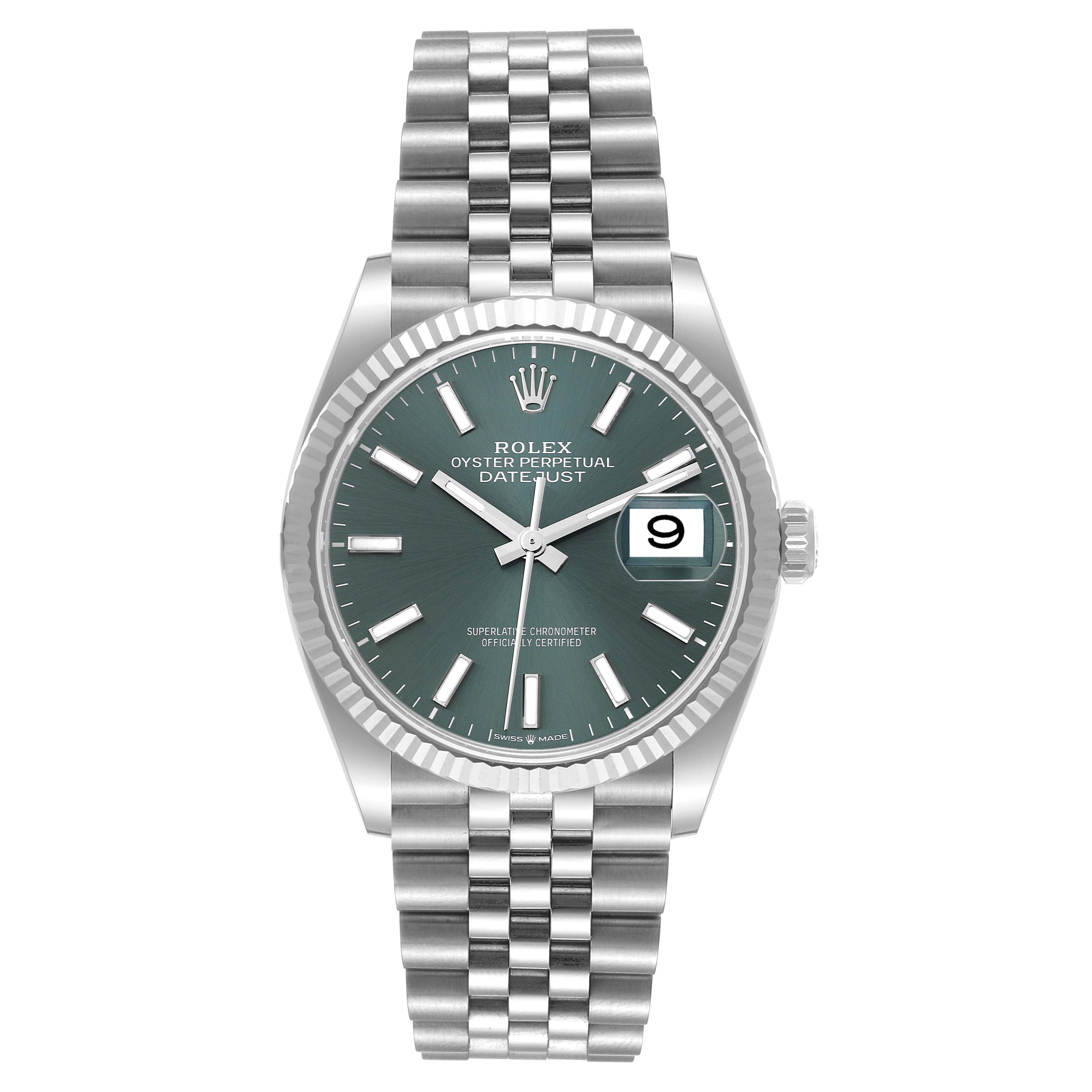 The image shows a front view of a Rolex Datejust 126234 Men's Stainless Steel Green Dial 126234 Men's Stainless Steel Green Dial watch, showcasing the dial, date window, bezel, and bracelet.