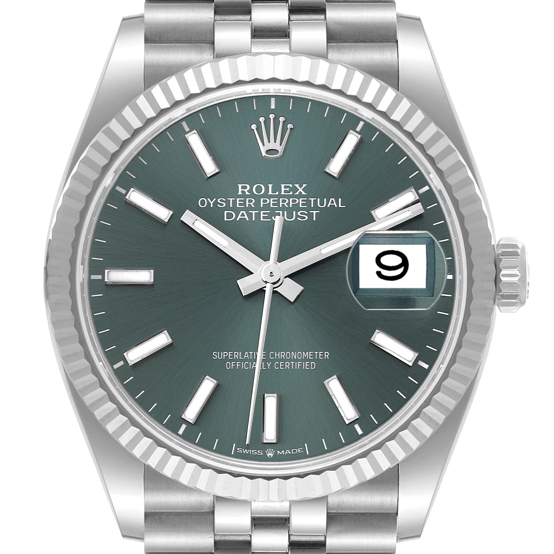 This image shows a frontal view of a Rolex Datejust 126234 Men's Stainless Steel Green Dial 126234 Men's Stainless Steel Green Dial watch, highlighting the dial, hands, bezel, and date window.