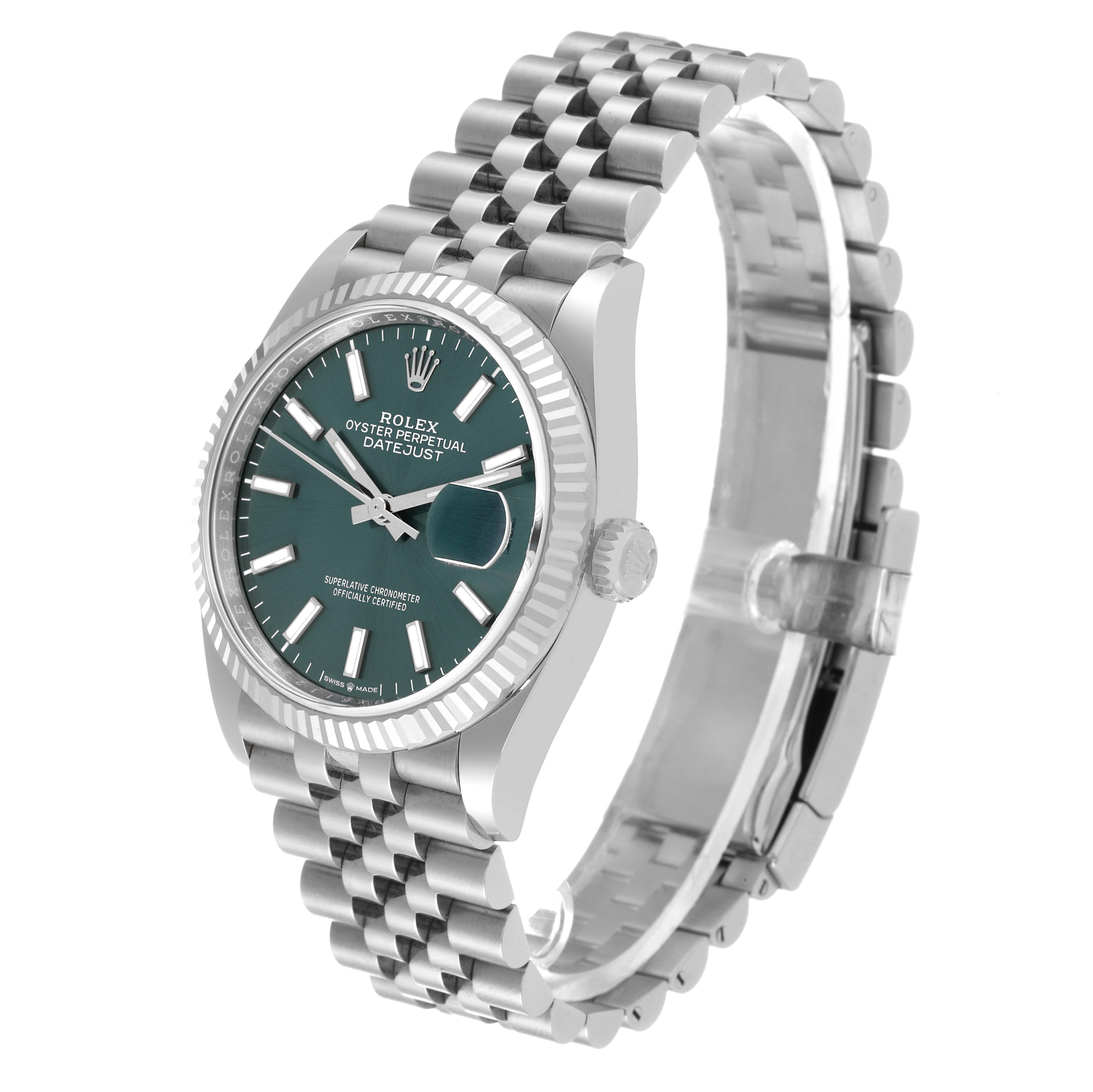 The image shows a Rolex Datejust 126234 Men's Stainless Steel Green Dial 126234 Men's Stainless Steel Green Dial watch at a three-quarter angle, displaying the dial, crown, fluted bezel, and Jubilee bracelet.