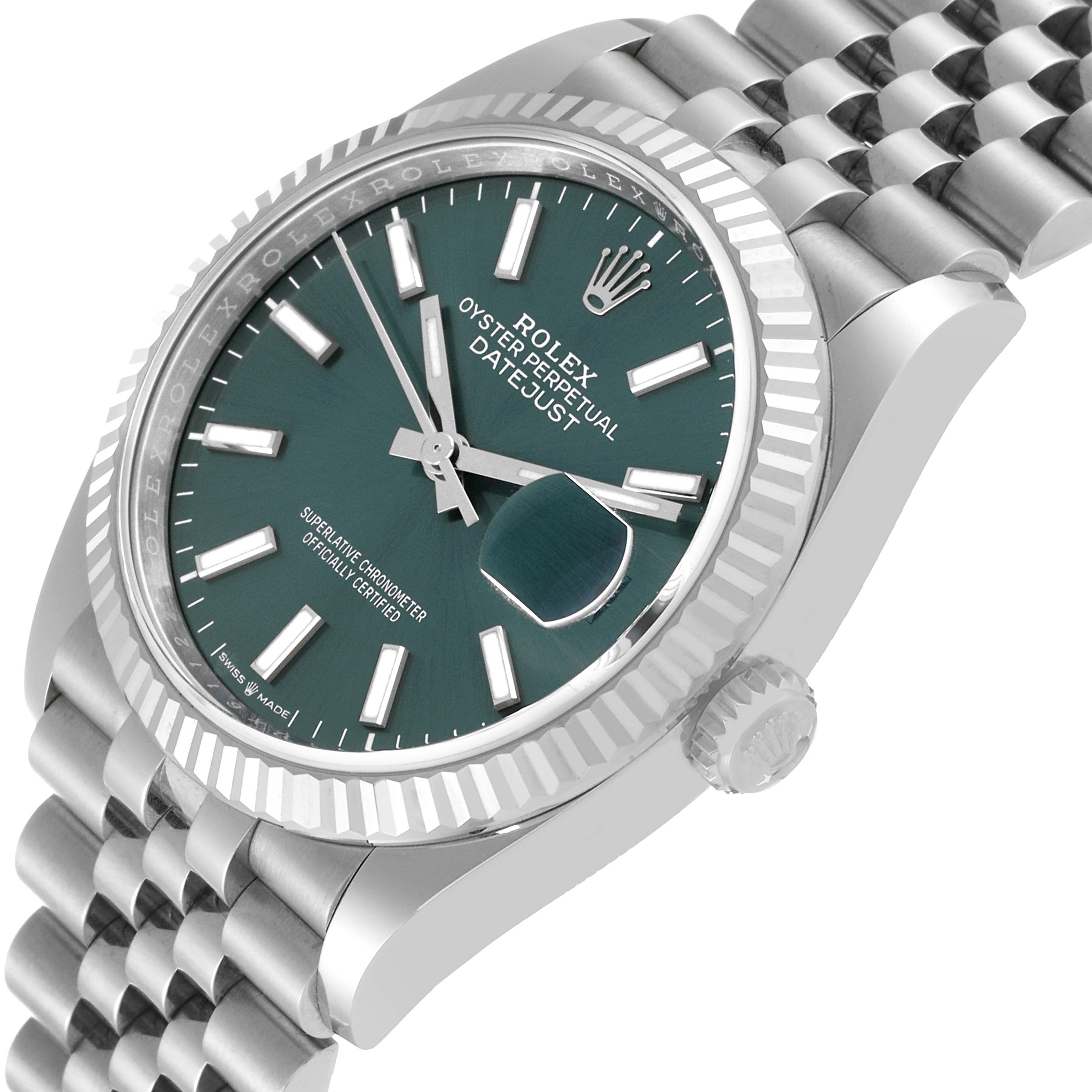 The Rolex Datejust 126234 Men's Stainless Steel Green Dial 126234 Men's Stainless Steel Green Dial model is shown at an angled side view, highlighting the bezel, dial, bracelet, and crown.