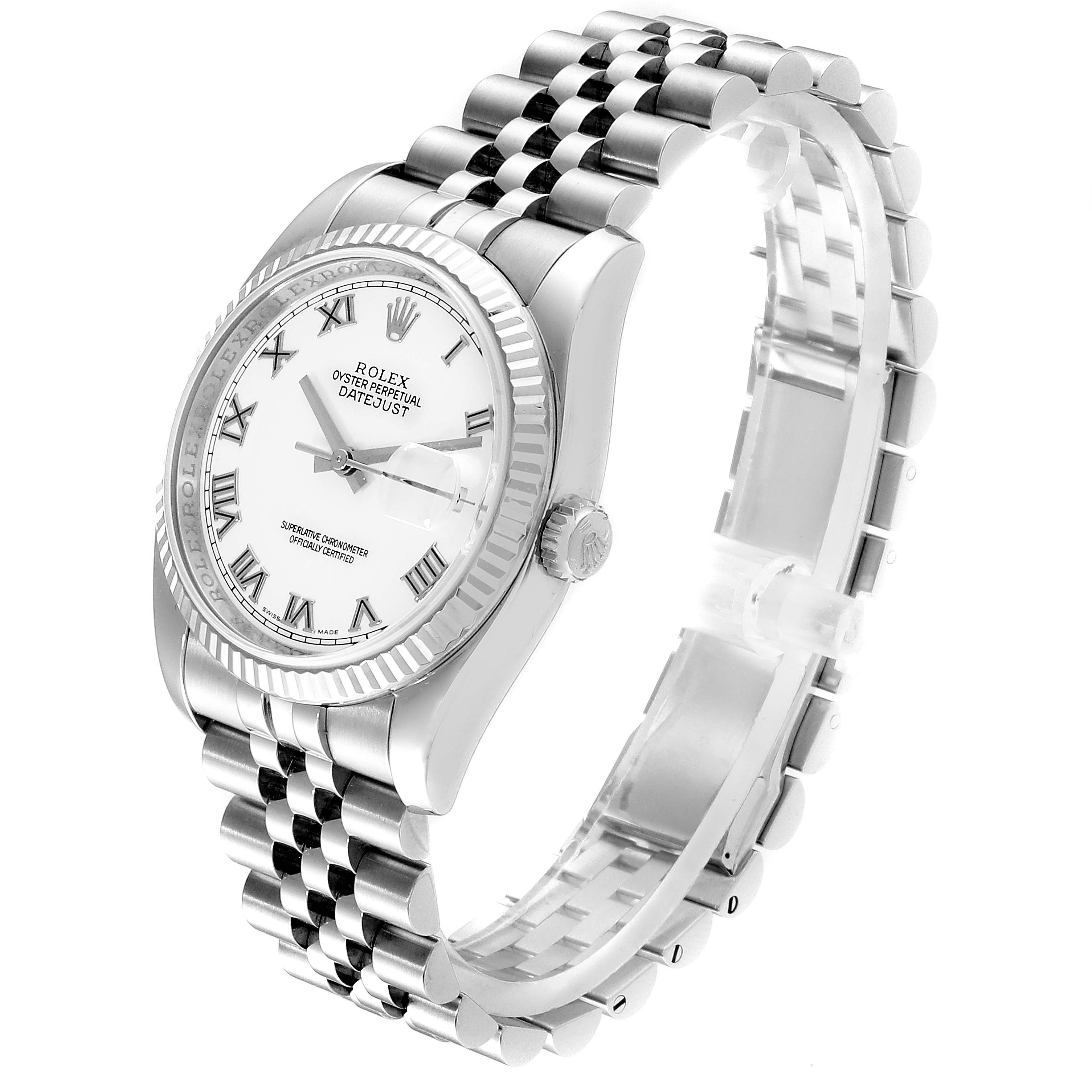 The image shows a side angle of a Rolex Datejust 116234 Men's Stainless Steel White Dial 116234 Men's Stainless Steel White Dial watch, highlighting its face, bezel, crown, and bracelet.
