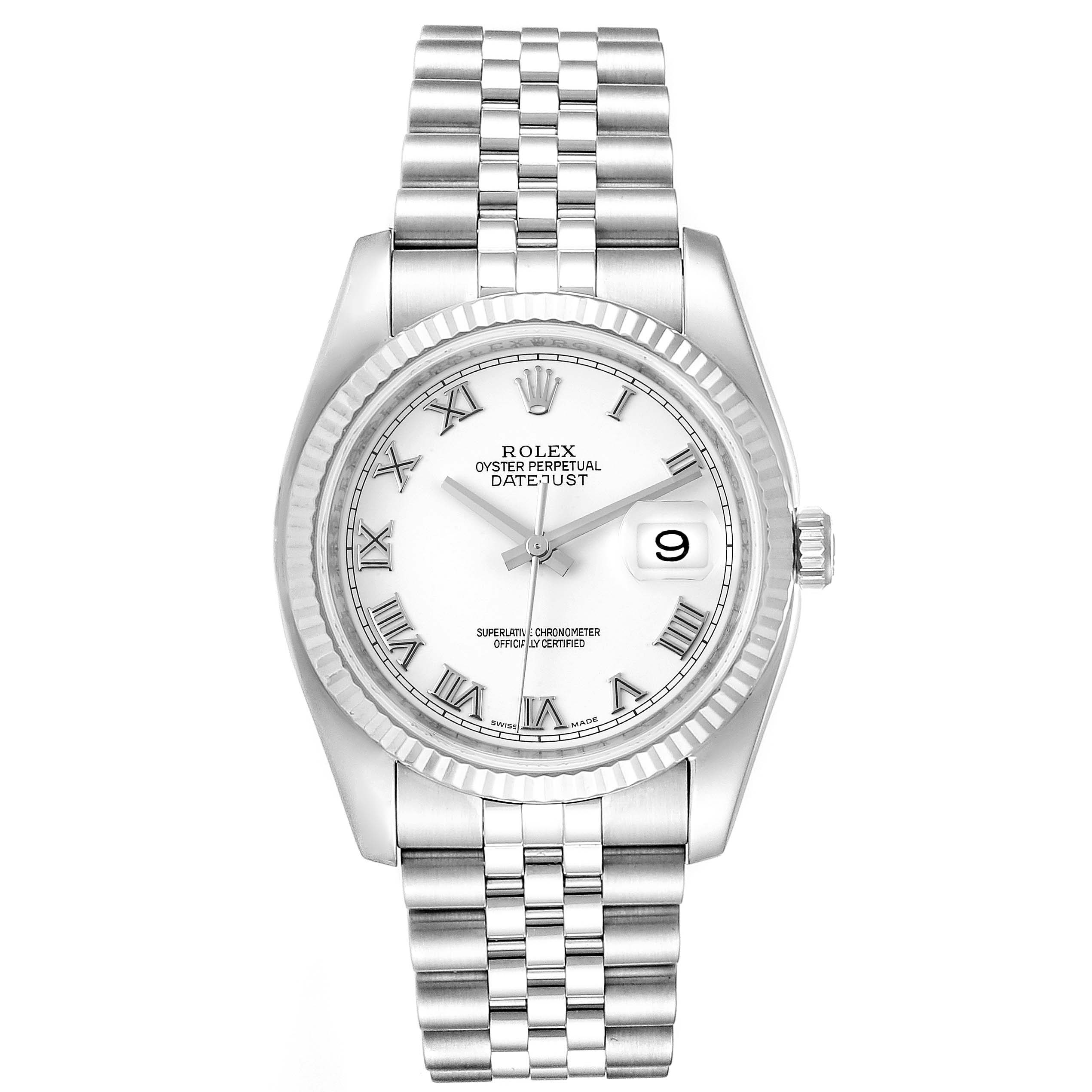 This Rolex Datejust 116234 Men's Stainless Steel White Dial 116234 Men's Stainless Steel White Dial watch is shown from the front, displaying its face, bezel, and bracelet.