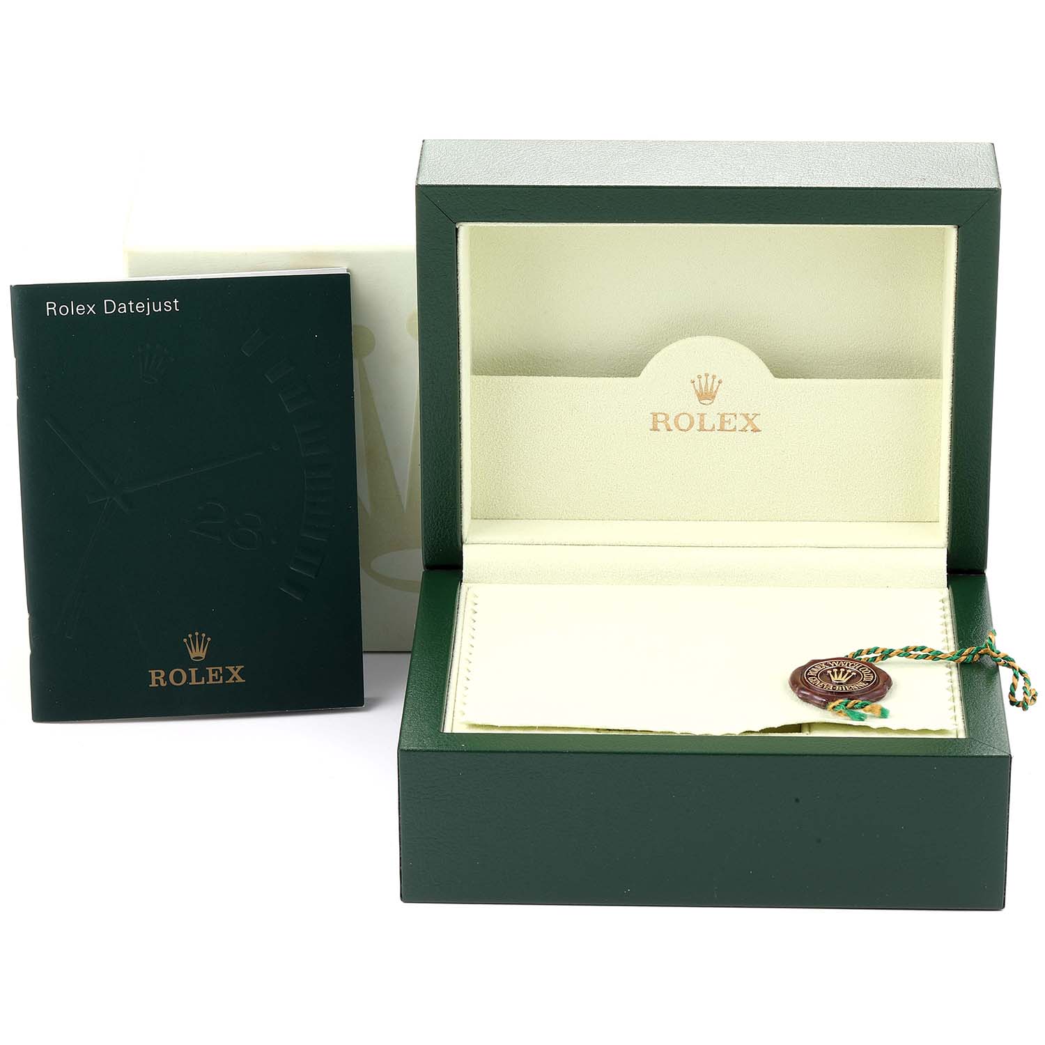 The image shows a Rolex Datejust 116234 Men's Stainless Steel White Dial 116234 Men's Stainless Steel White Dial watch box, warranty booklet, and a tag inside an open display box.