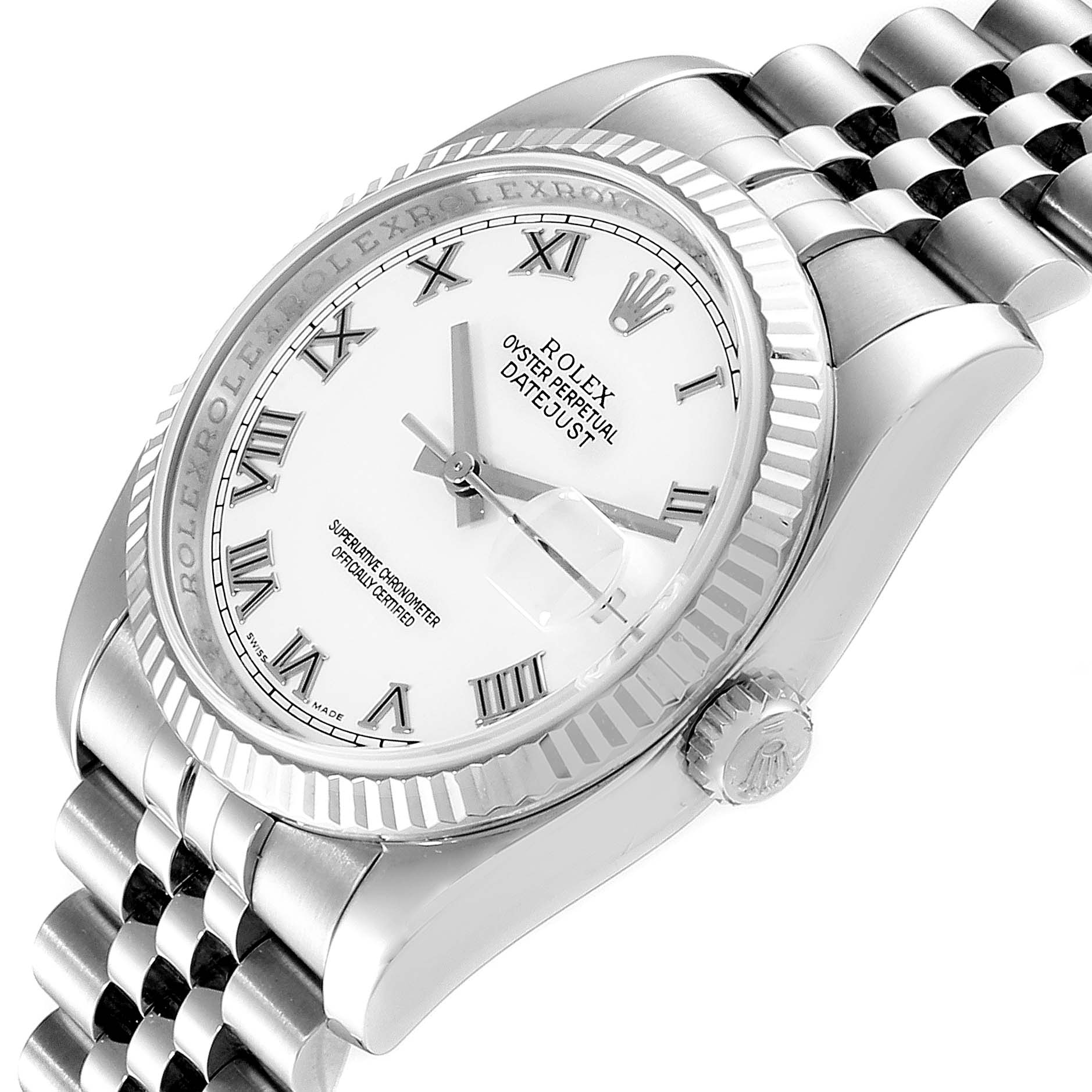 This Rolex Datejust 116234 Men's Stainless Steel White Dial 116234 Men's Stainless Steel White Dial watch is shown from a slight angle, highlighting its white dial, Roman numerals, fluted bezel, and Jubilee bracelet.