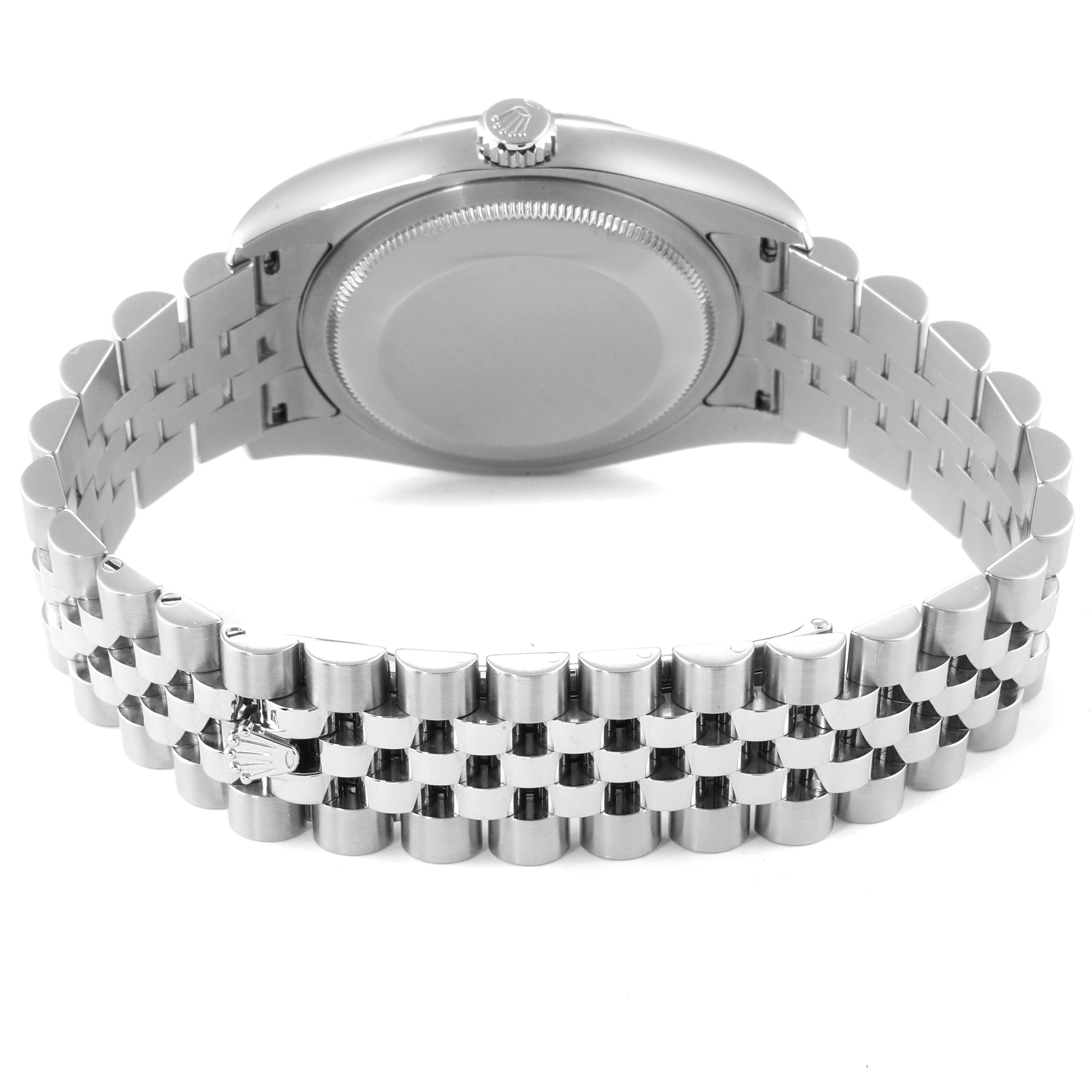 The image shows the back case and Jubilee bracelet of a Rolex Datejust 116234 Men's Stainless Steel White Dial 116234 Men's Stainless Steel White Dial watch, viewed from the rear angle.