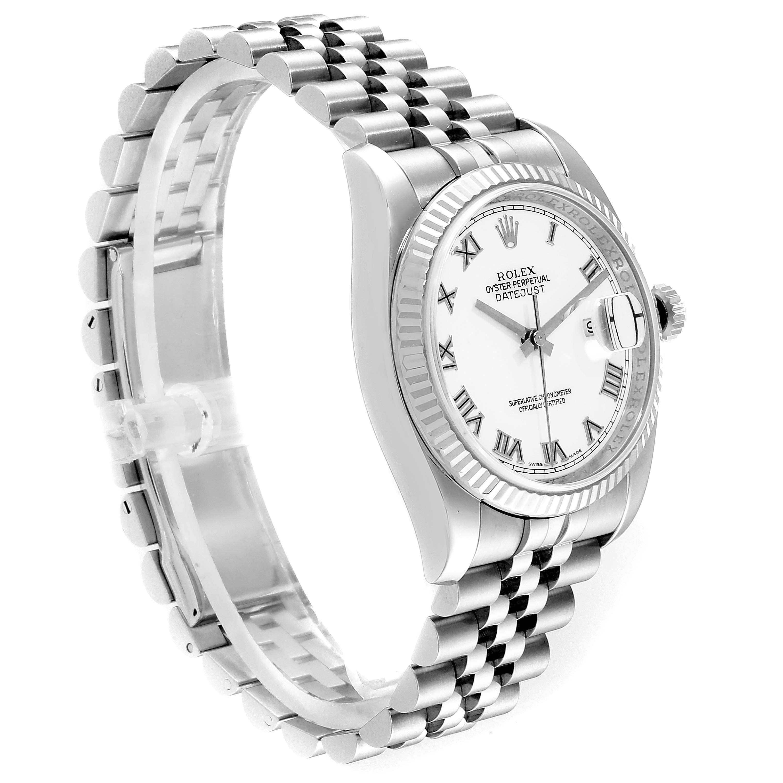 This Rolex Datejust 116234 Men's Stainless Steel White Dial 116234 Men's Stainless Steel White Dial watch is shown from an angled side view, displaying the face, bezel, and bracelet.