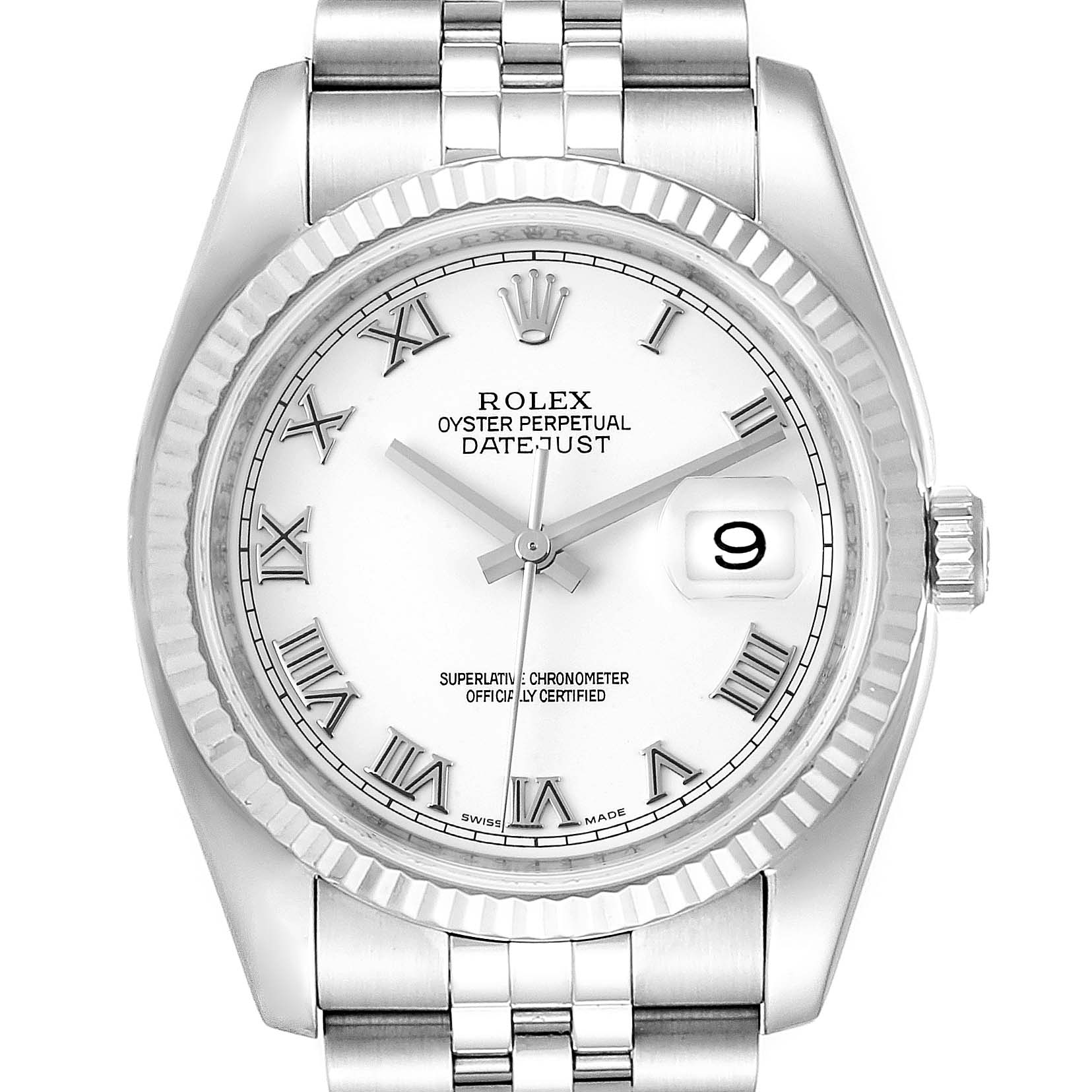 This image shows a front view of a Rolex Datejust 116234 Men's Stainless Steel White Dial 116234 Men's Stainless Steel White Dial watch, featuring the dial, hands, date window, and part of the bracelet.
