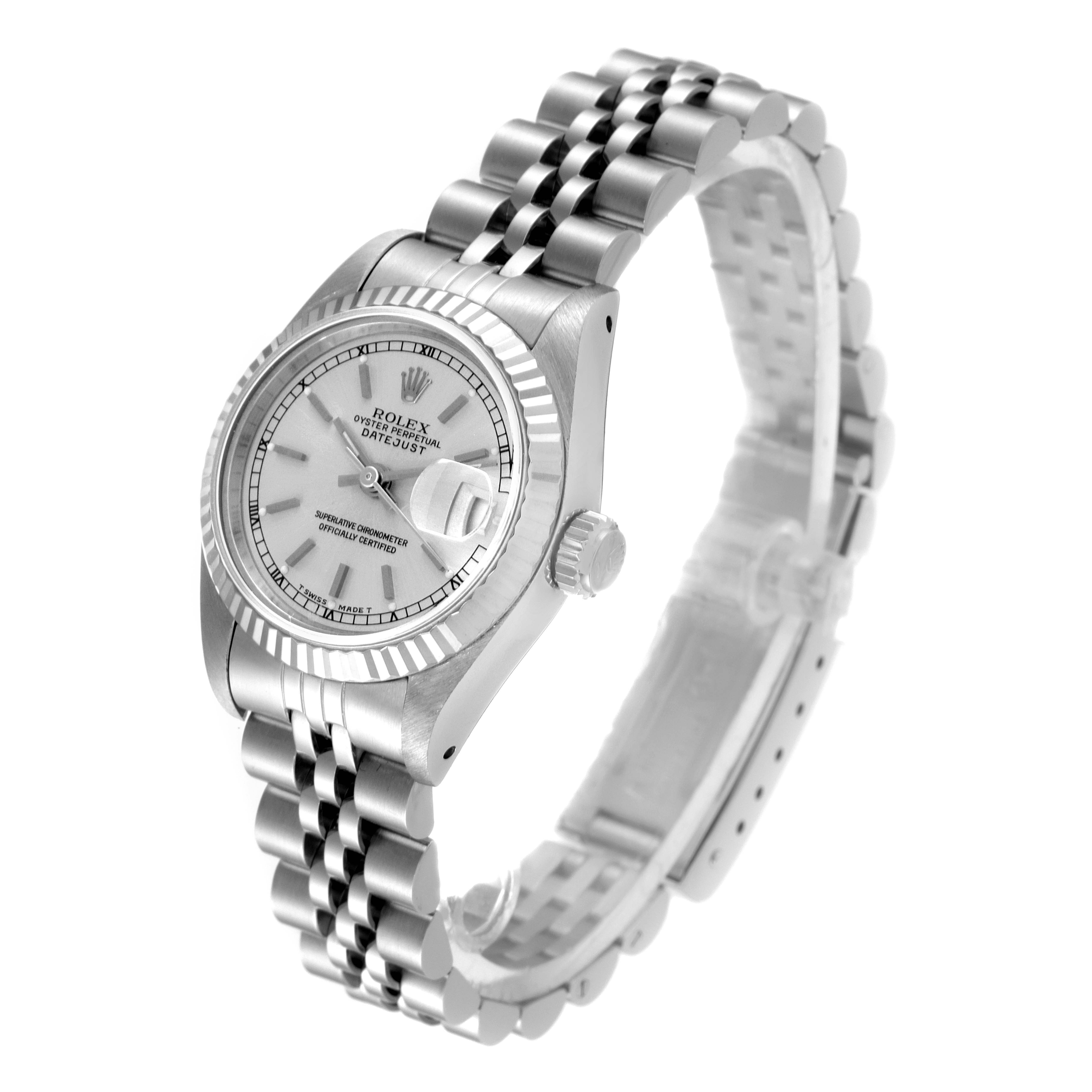 The image shows a Rolex Datejust 69174 Women
s Stainless Steel Silver Dial 69174 Women
s Stainless Steel Silver Dial watch from a front-right angle, highlighting its face, bezel, crown, and bracelet.