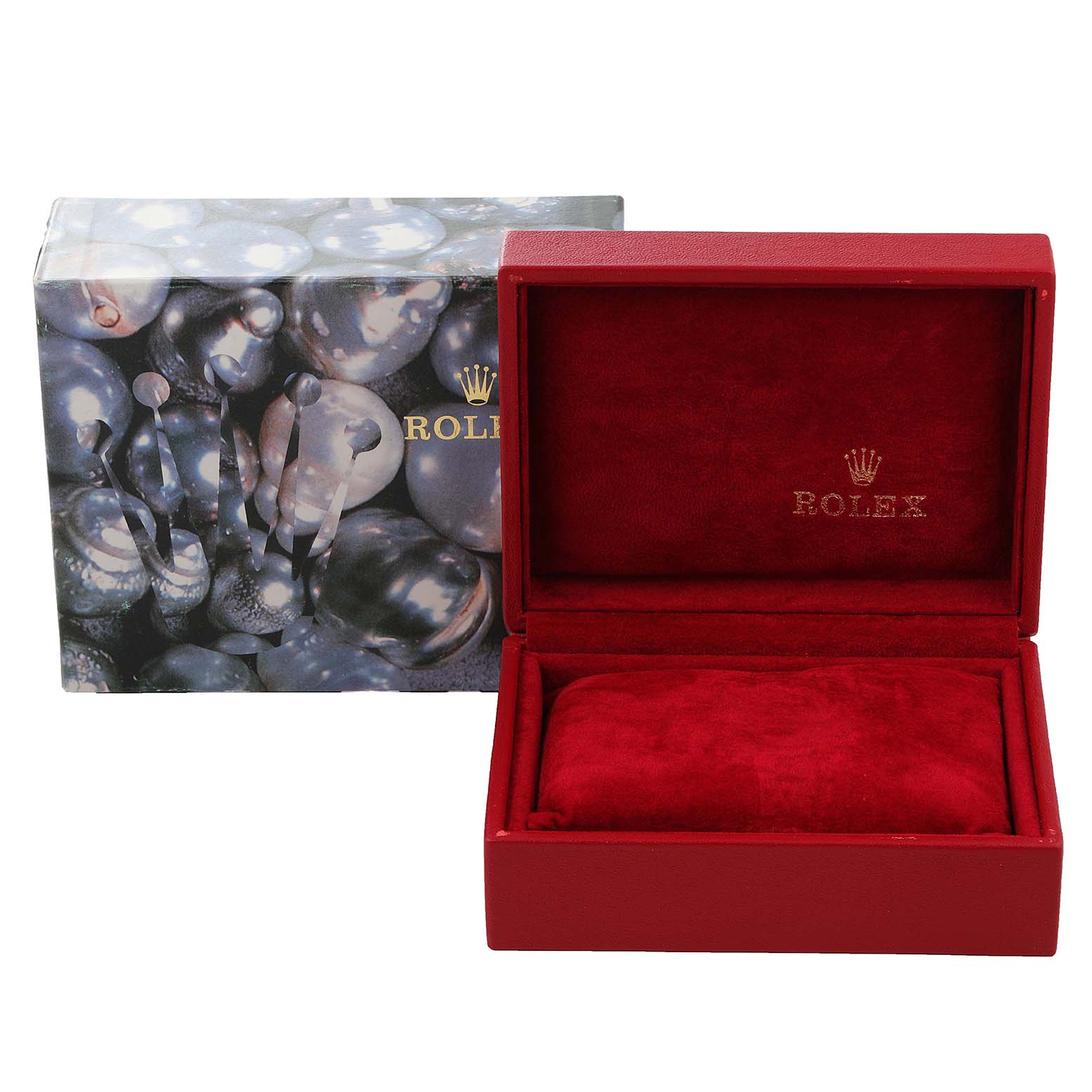 The image shows an open red Rolex Datejust 69174 Women
s Stainless Steel Silver Dial 69174 Women
s Stainless Steel Silver Dial watch box with its outer decorative box behind it.