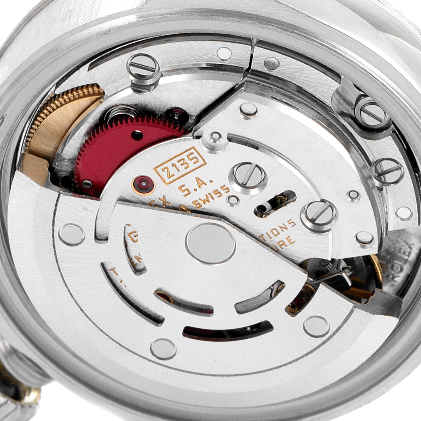 This image displays the intricate inner mechanics of a Rolex Datejust 69174 Women
s Stainless Steel Silver Dial 69174 Women
s Stainless Steel Silver Dial model from a rear angle, showcasing its movement components.