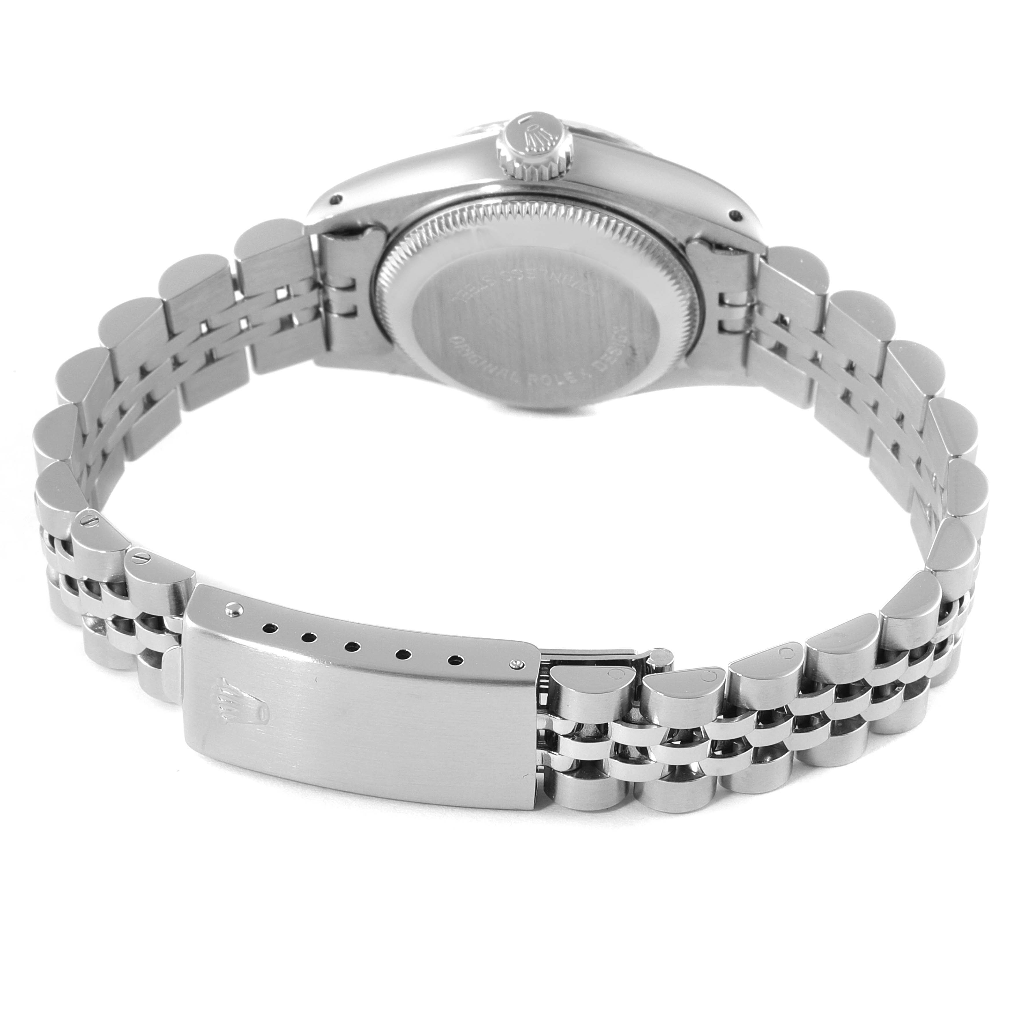The image shows the back view of a Rolex Datejust 69174 Women
s Stainless Steel Silver Dial 69174 Women
s Stainless Steel Silver Dial watch, highlighting the clasp and bracelet.