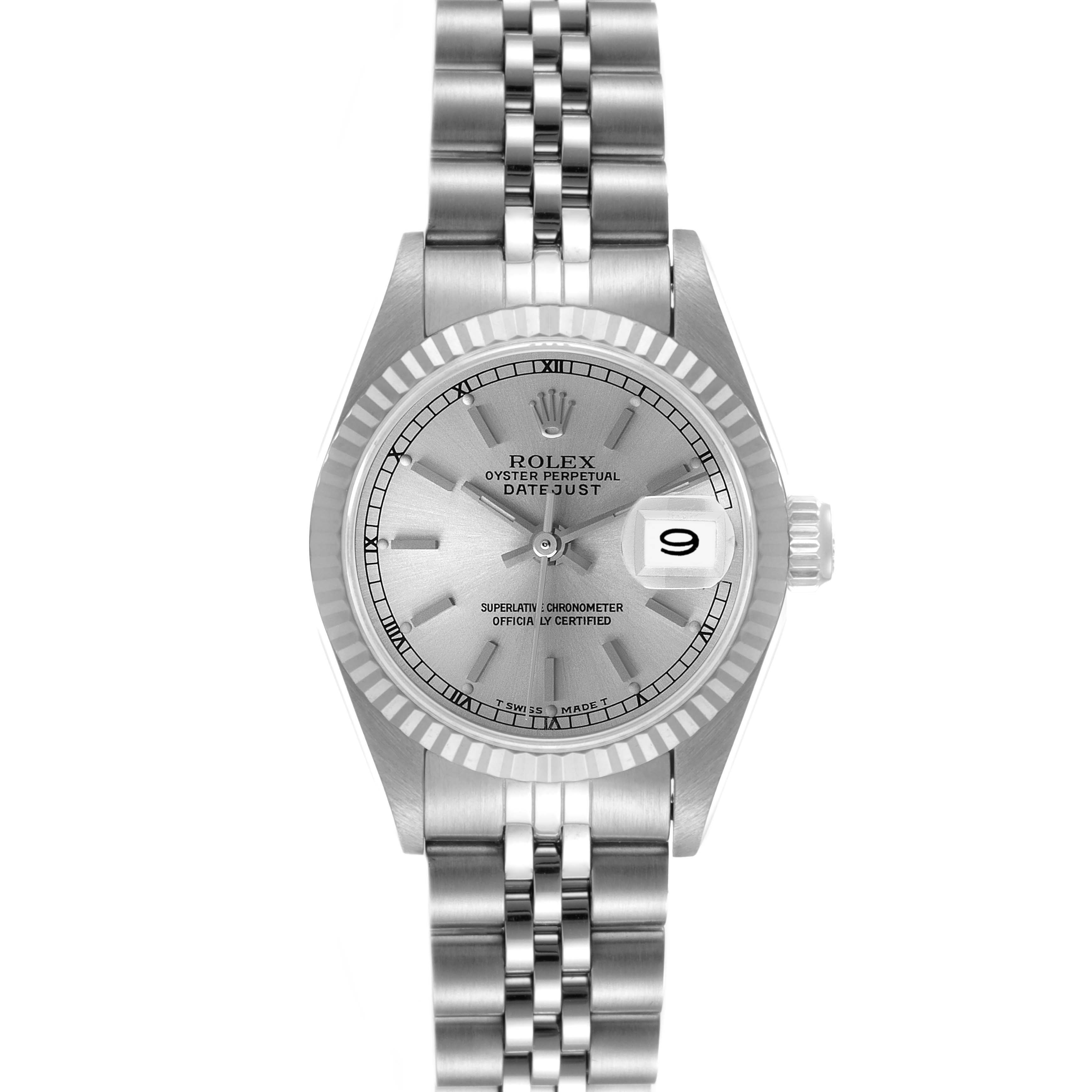 The image shows a Rolex Datejust 69174 Women
s Stainless Steel Silver Dial 69174 Women
s Stainless Steel Silver Dial watch from a front angle, highlighting the dial, bezel, bracelet, and date window.