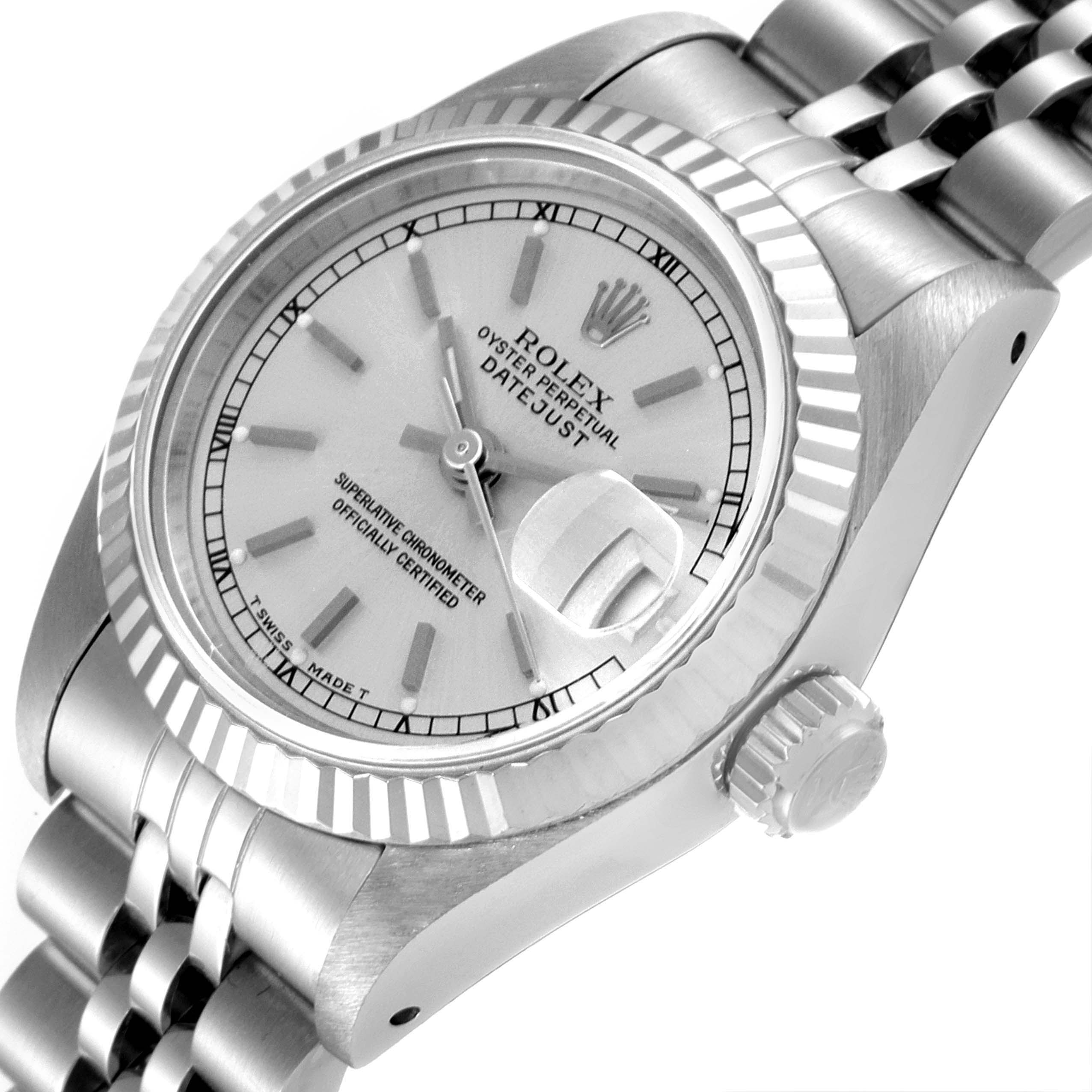 The image shows a close-up angled view of the Rolex Datejust 69174 Women
s Stainless Steel Silver Dial 69174 Women
s Stainless Steel Silver Dial, highlighting the dial, fluted bezel, crown, and Jubilee bracelet.