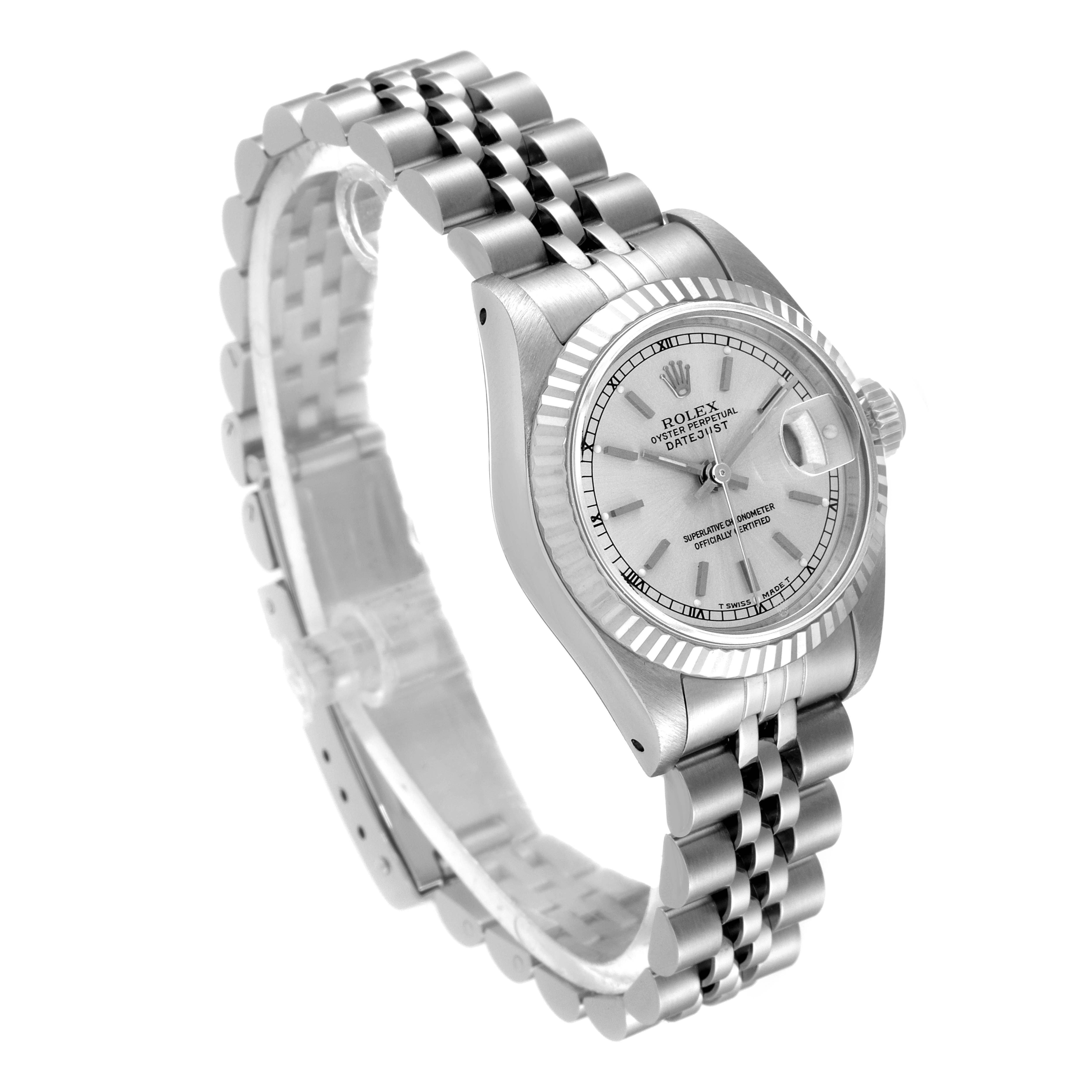 The image shows a Rolex Datejust 69174 Women
s Stainless Steel Silver Dial 69174 Women
s Stainless Steel Silver Dial watch at a side angle, highlighting the bracelet, watch face, and case.