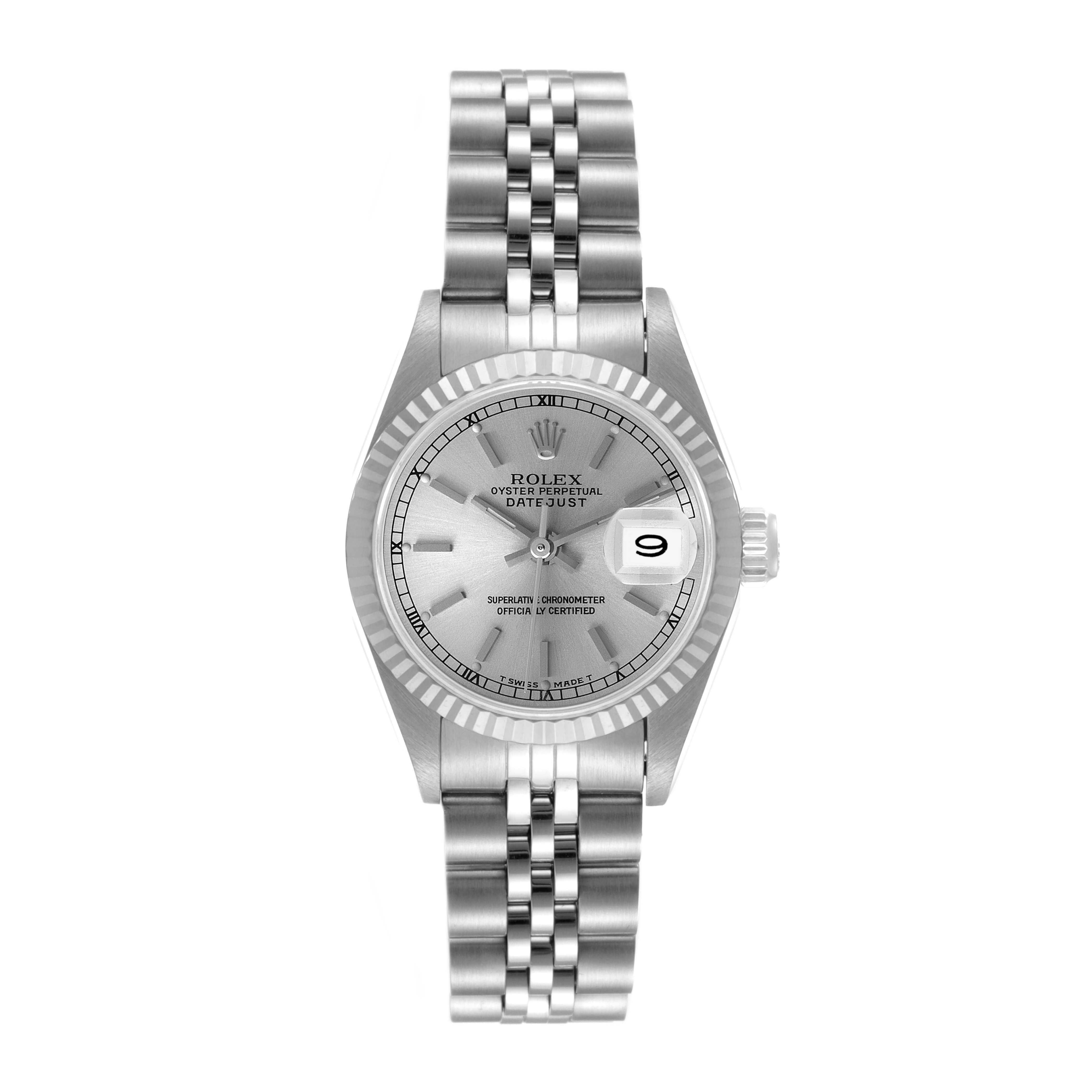 This image shows a Rolex Datejust 69174 Women
s Stainless Steel Silver Dial 69174 Women
s Stainless Steel Silver Dial model watch viewed from the front, displaying the dial, bezel, hands, date window, and bracelet.