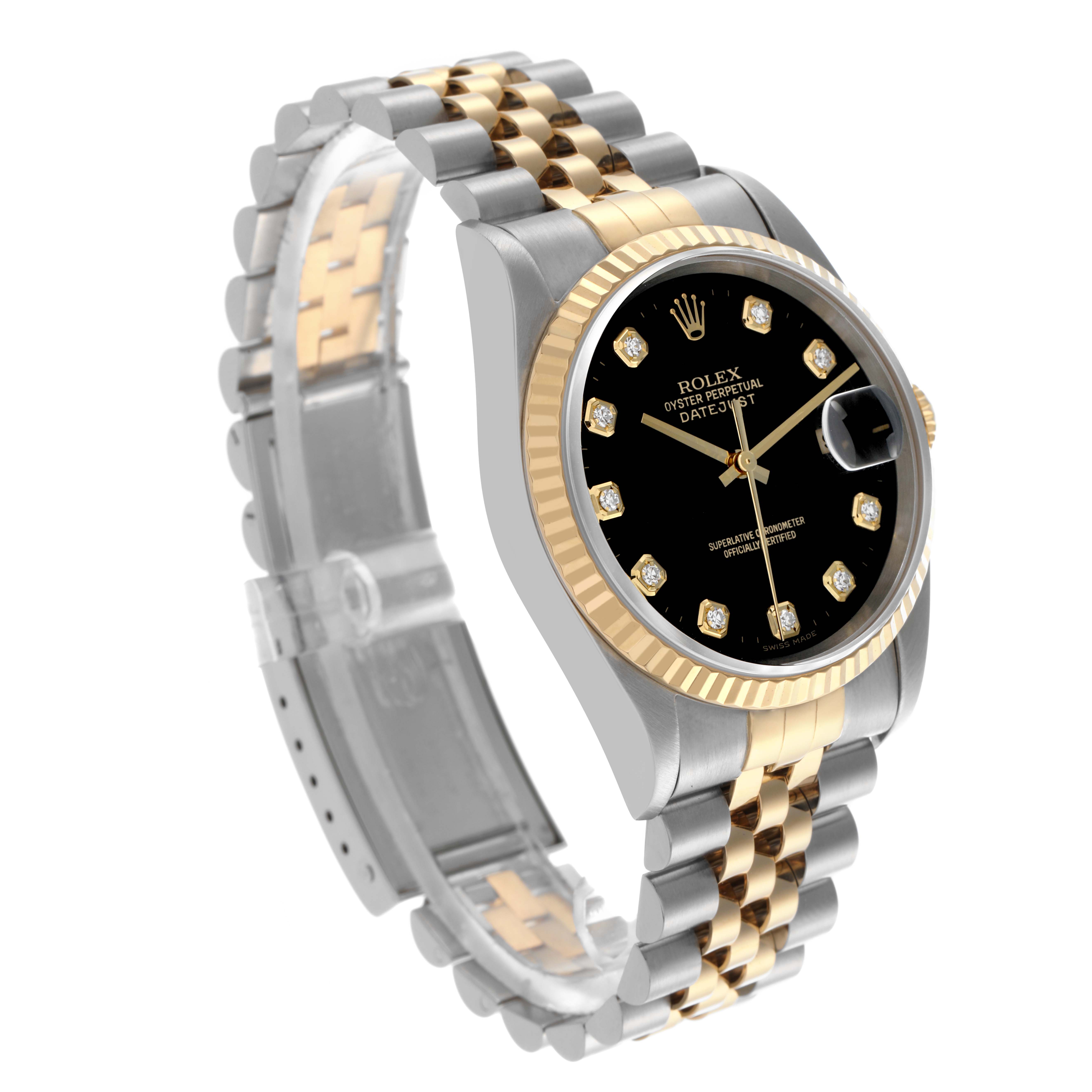 The Rolex Datejust 16233 Men's Steel and Gold (two tone) Black Dial 16233 Men's Steel and Gold (two tone) Black Dial watch is shown at a three-quarter angle, highlighting the black dial, two-tone bracelet, and fluted bezel.
