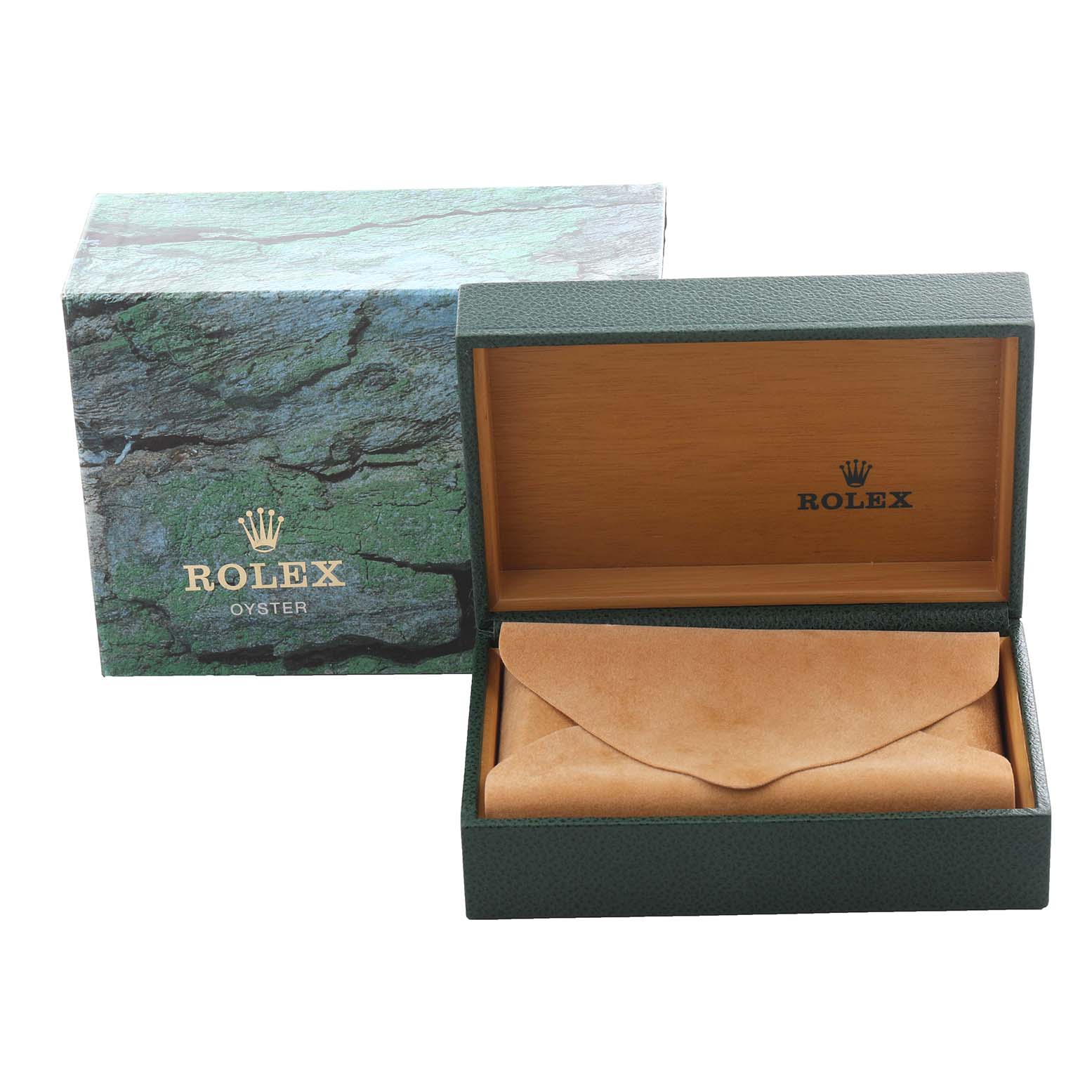 The image shows a Rolex Datejust 16233 Men's Steel and Gold (two tone) Black Dial 16233 Men's Steel and Gold (two tone) Black Dial packaging, including a textured green box and an open interior with a tan leather wrap.