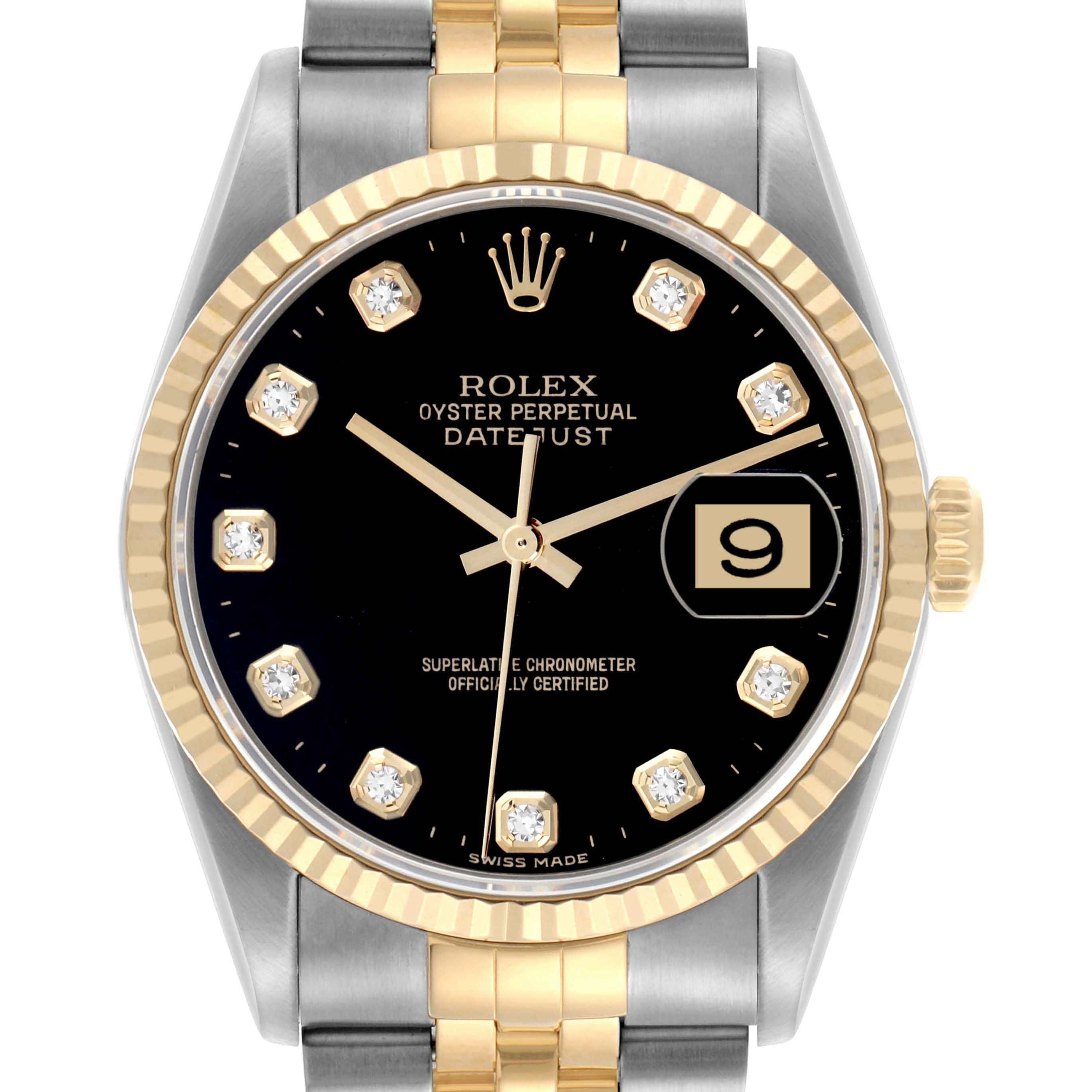 The Rolex Datejust 16233 Men's Steel and Gold (two tone) Black Dial 16233 Men's Steel and Gold (two tone) Black Dial watch is shown from the front, featuring its black dial, diamond markers, gold bezel, and two-tone bracelet.