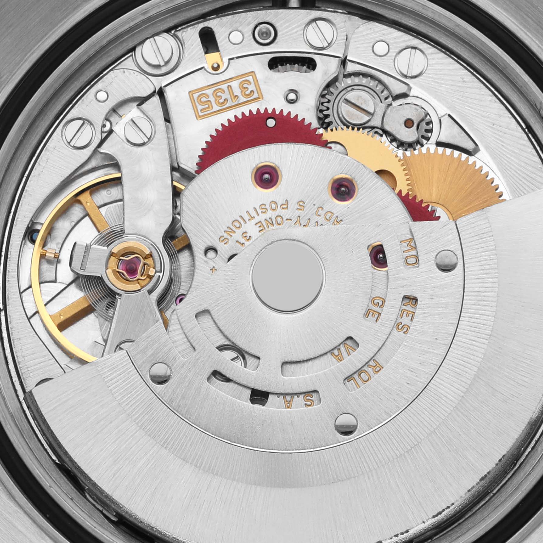 This image shows the intricate movement and gears of a Rolex Datejust 16233 Men's Steel and Gold (two tone) Black Dial 16233 Men's Steel and Gold (two tone) Black Dial model from the back view.