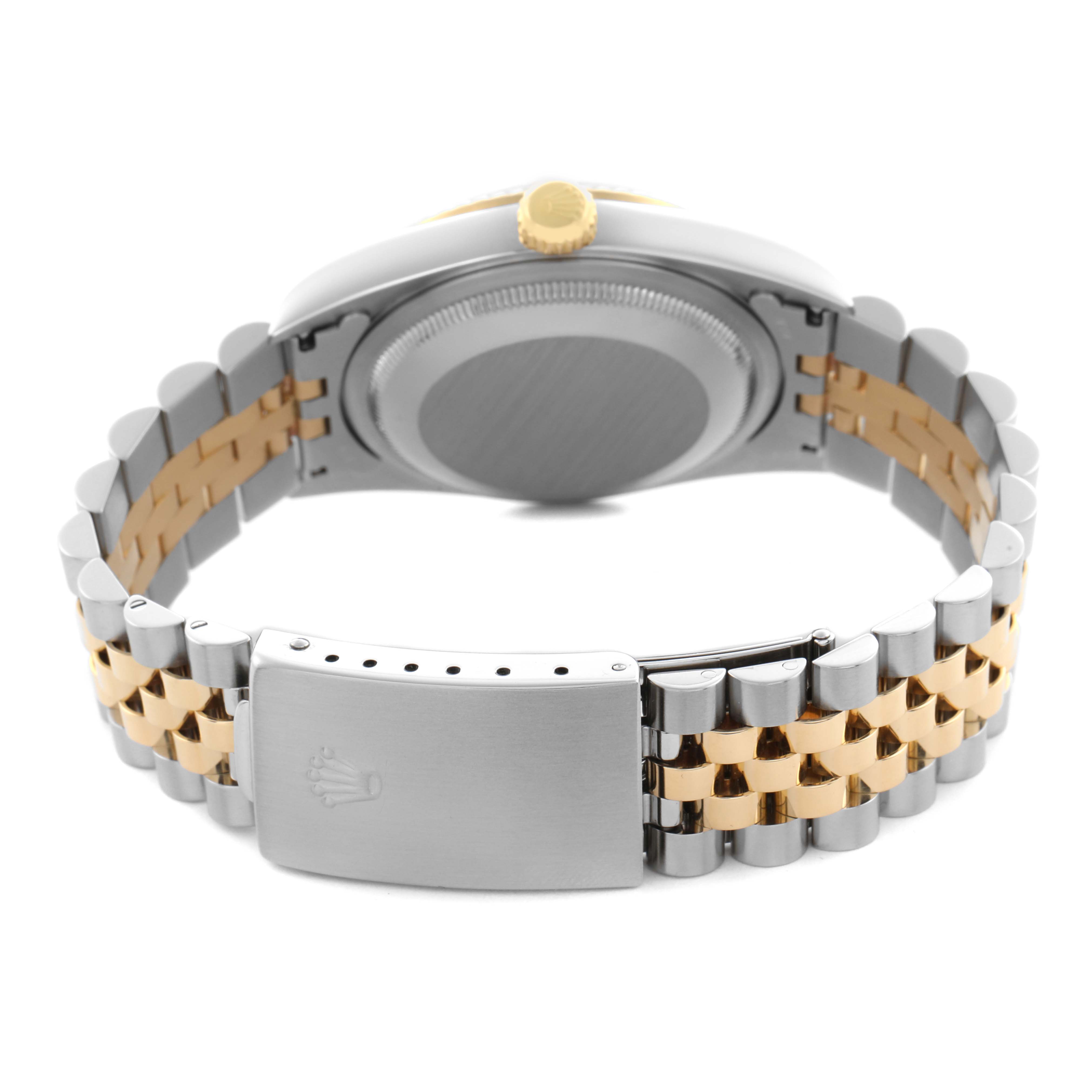 The Rolex Datejust 16233 Men's Steel and Gold (two tone) Black Dial 16233 Men's Steel and Gold (two tone) Black Dial watch is shown from the back, highlighting the clasp and two-tone bracelet.