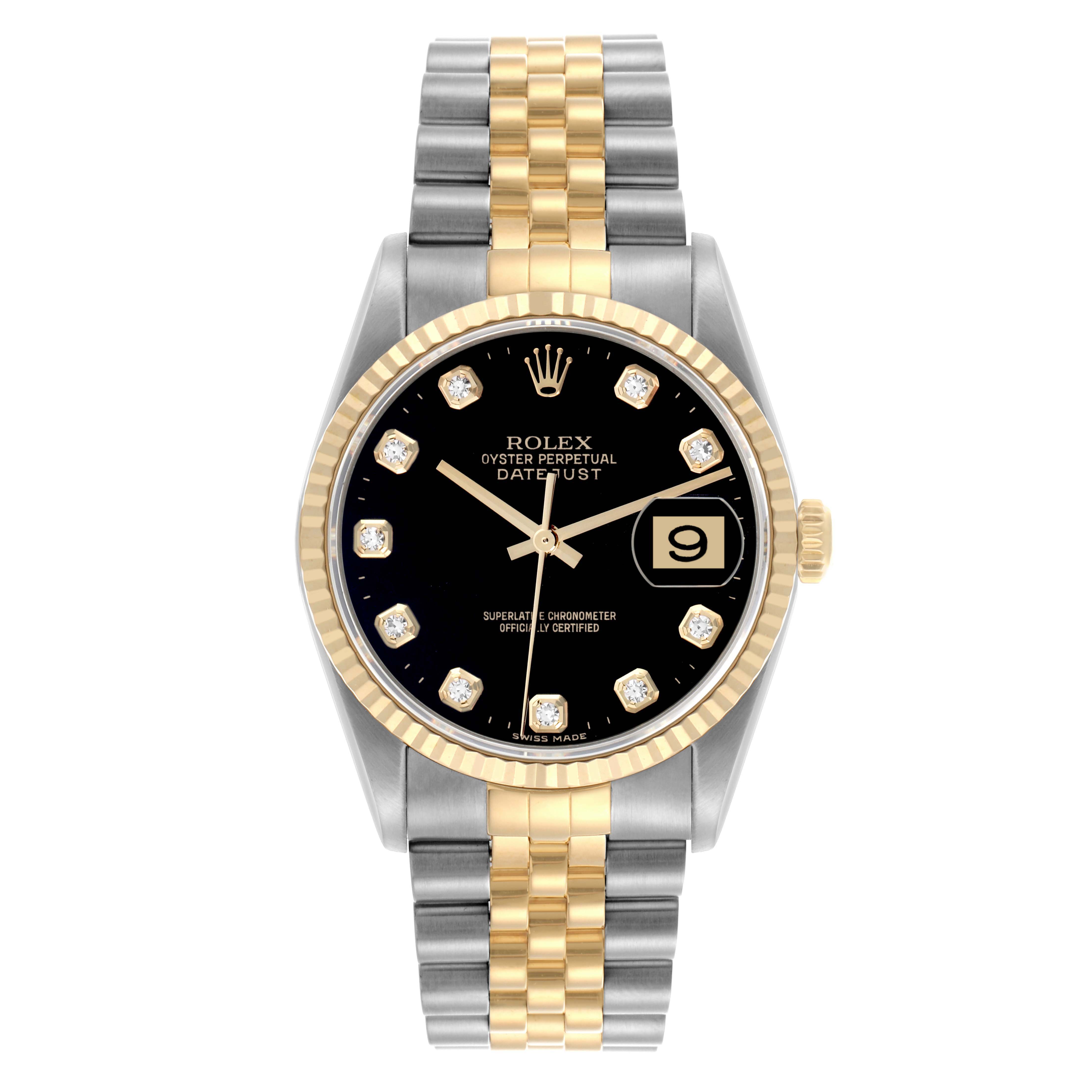 The Rolex Datejust 16233 Men's Steel and Gold (two tone) Black Dial 16233 Men's Steel and Gold (two tone) Black Dial watch is displayed from the front, showing the dial, bezel, hands, bracelet, and date window.