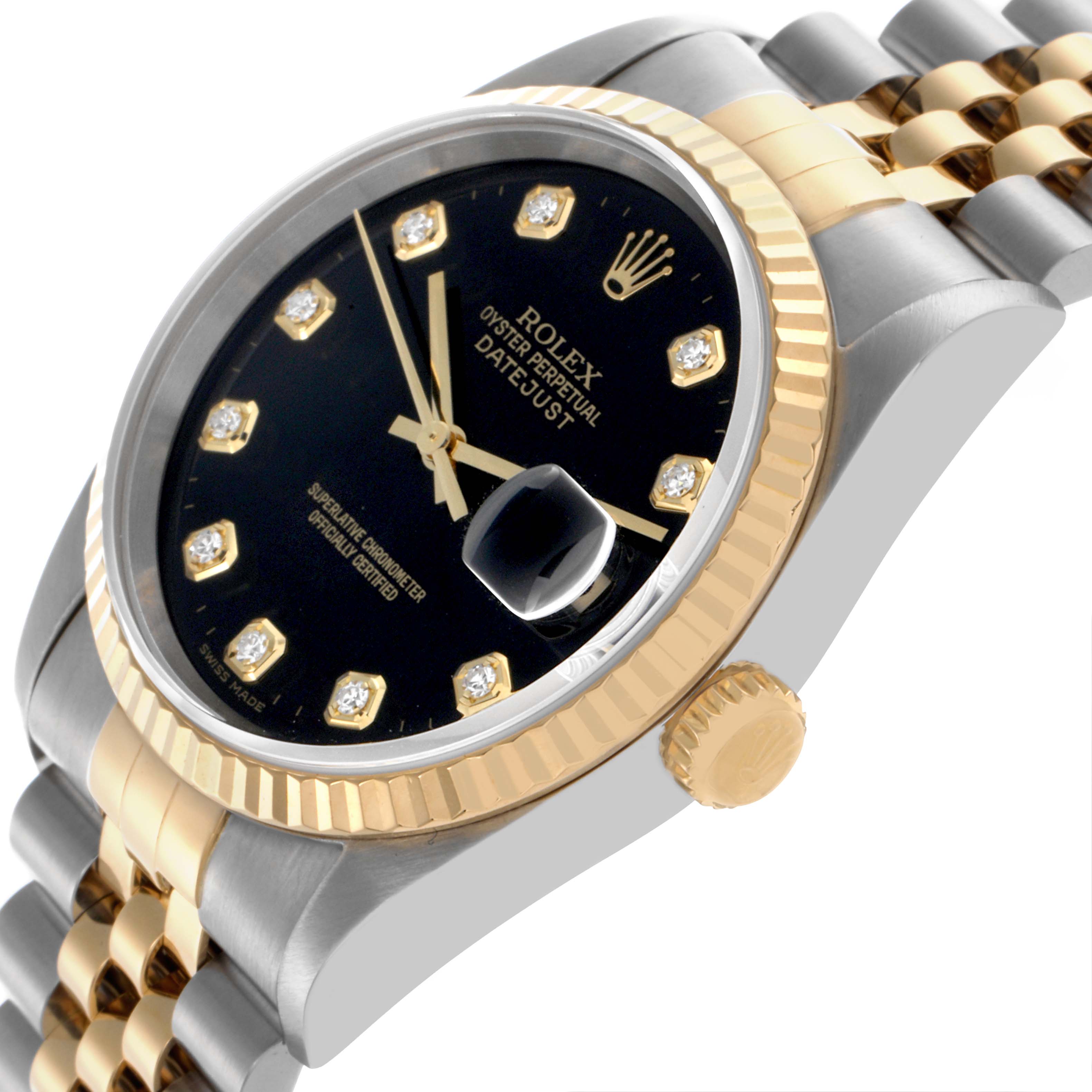 The Rolex Datejust 16233 Men's Steel and Gold (two tone) Black Dial 16233 Men's Steel and Gold (two tone) Black Dial watch is shown at an angled side view, highlighting the bezel, crown, bracelet, and diamond-set dial.