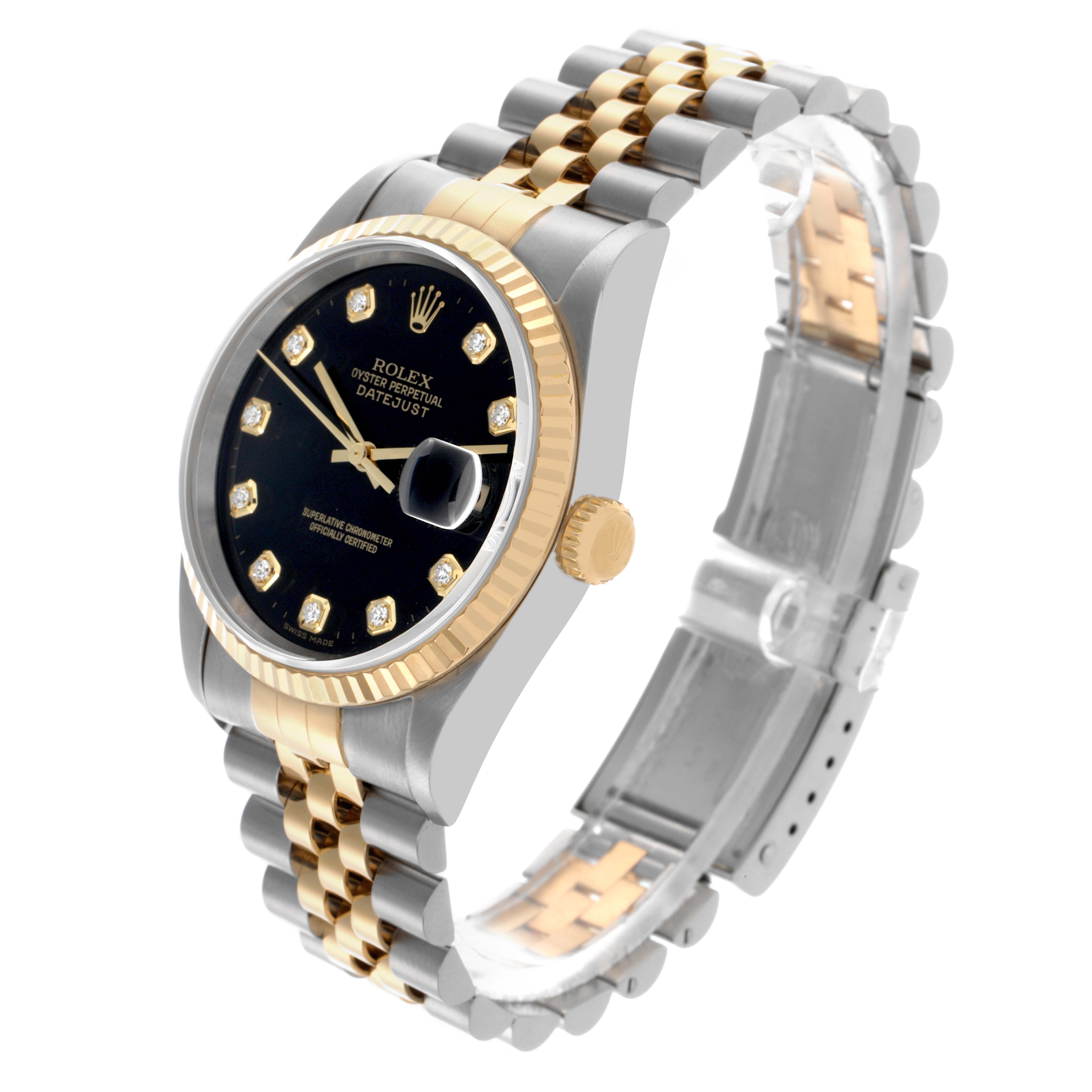 The Rolex Datejust 16233 Men's Steel and Gold (two tone) Black Dial 16233 Men's Steel and Gold (two tone) Black Dial watch is shown at a three-quarter angle, highlighting the bezel, dial, bracelet, and crown.
