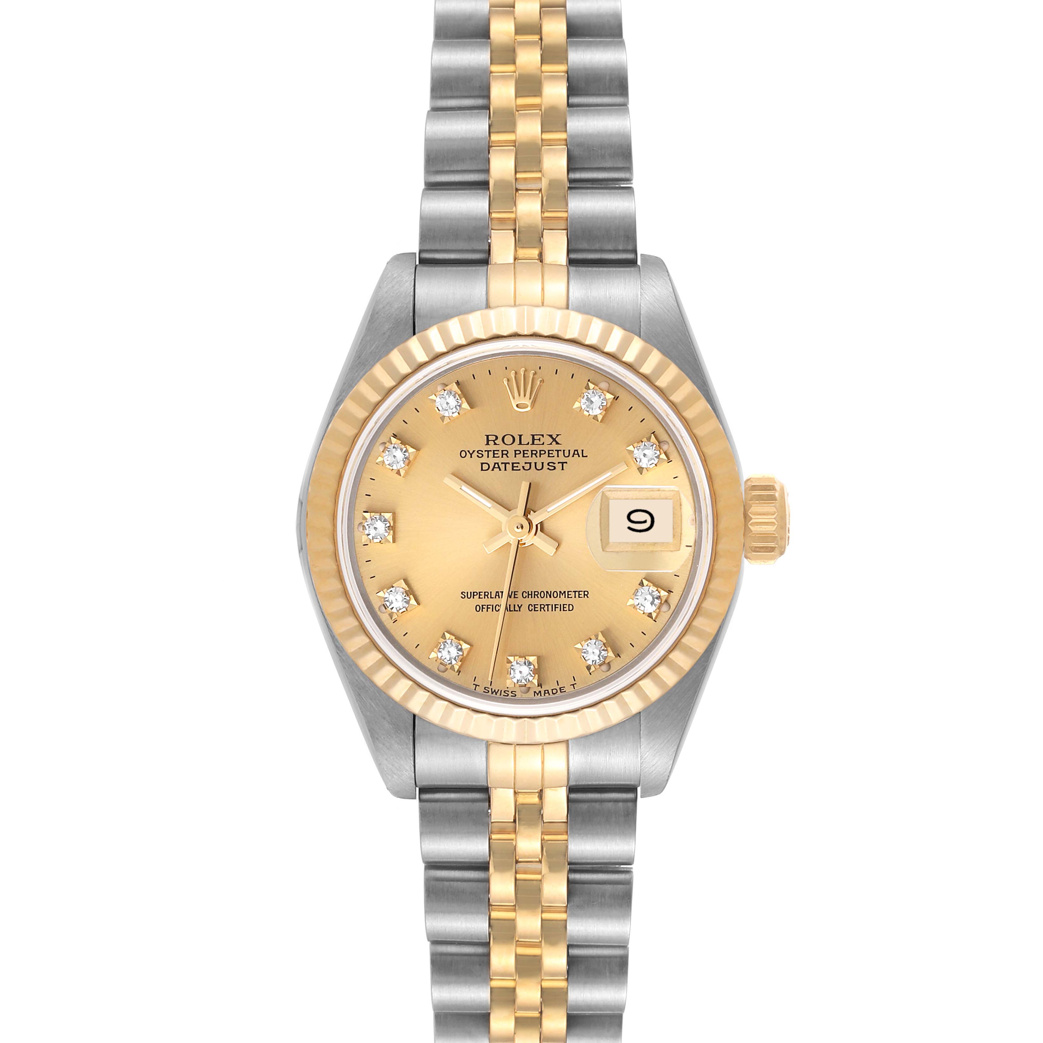 The image shows a frontal view of a Rolex Datejust 69173 Women's Steel and Gold (two tone) Champagne Dial 69173 Women's Steel and Gold (two tone) Champagne Dial watch, highlighting the dial, bracelet, and date window at 3 o'clock.