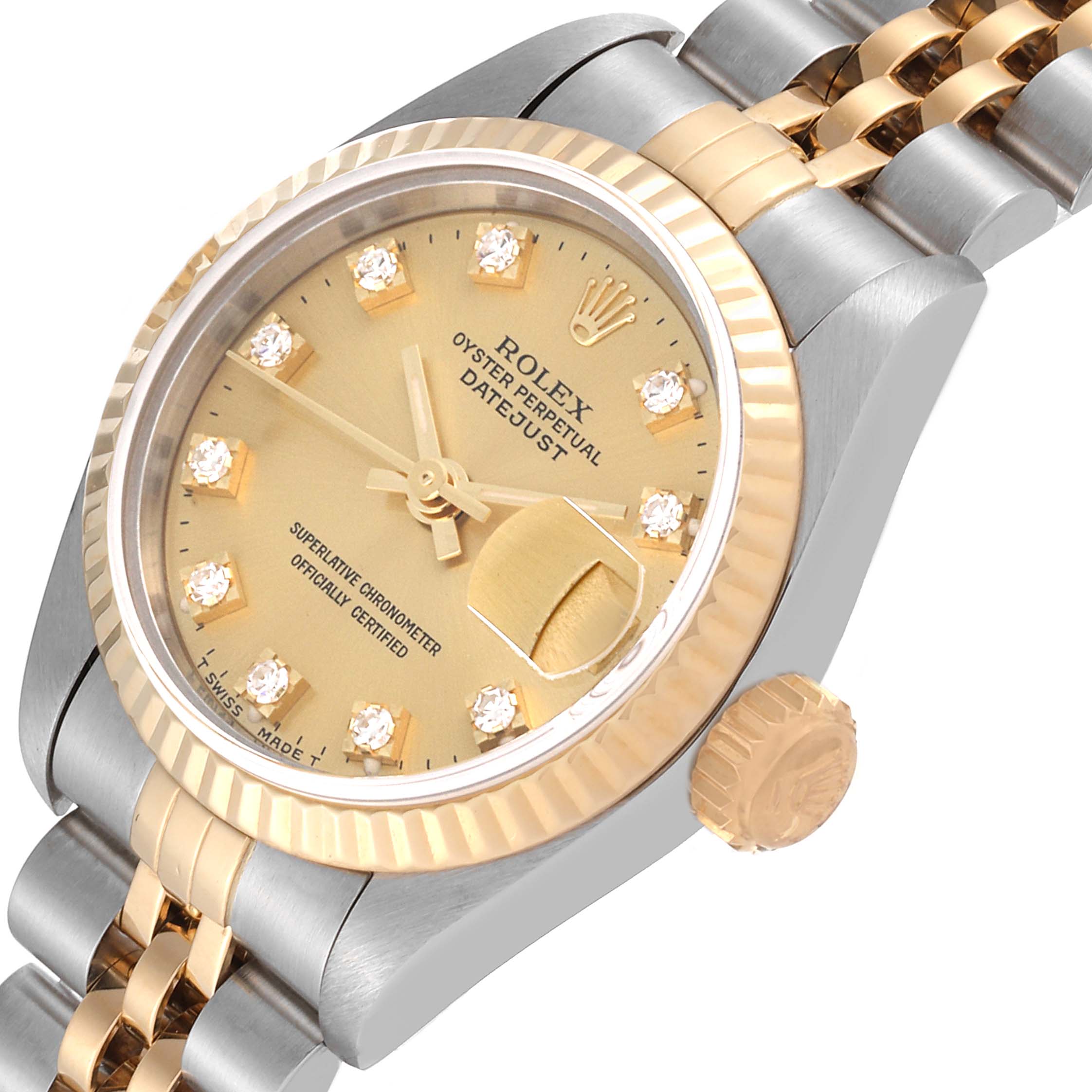 The image shows a close-up of a Rolex Datejust 69173 Women's Steel and Gold (two tone) Champagne Dial 69173 Women's Steel and Gold (two tone) Champagne Dial watch, highlighting the dial, crown, and part of the two-tone bracelet.