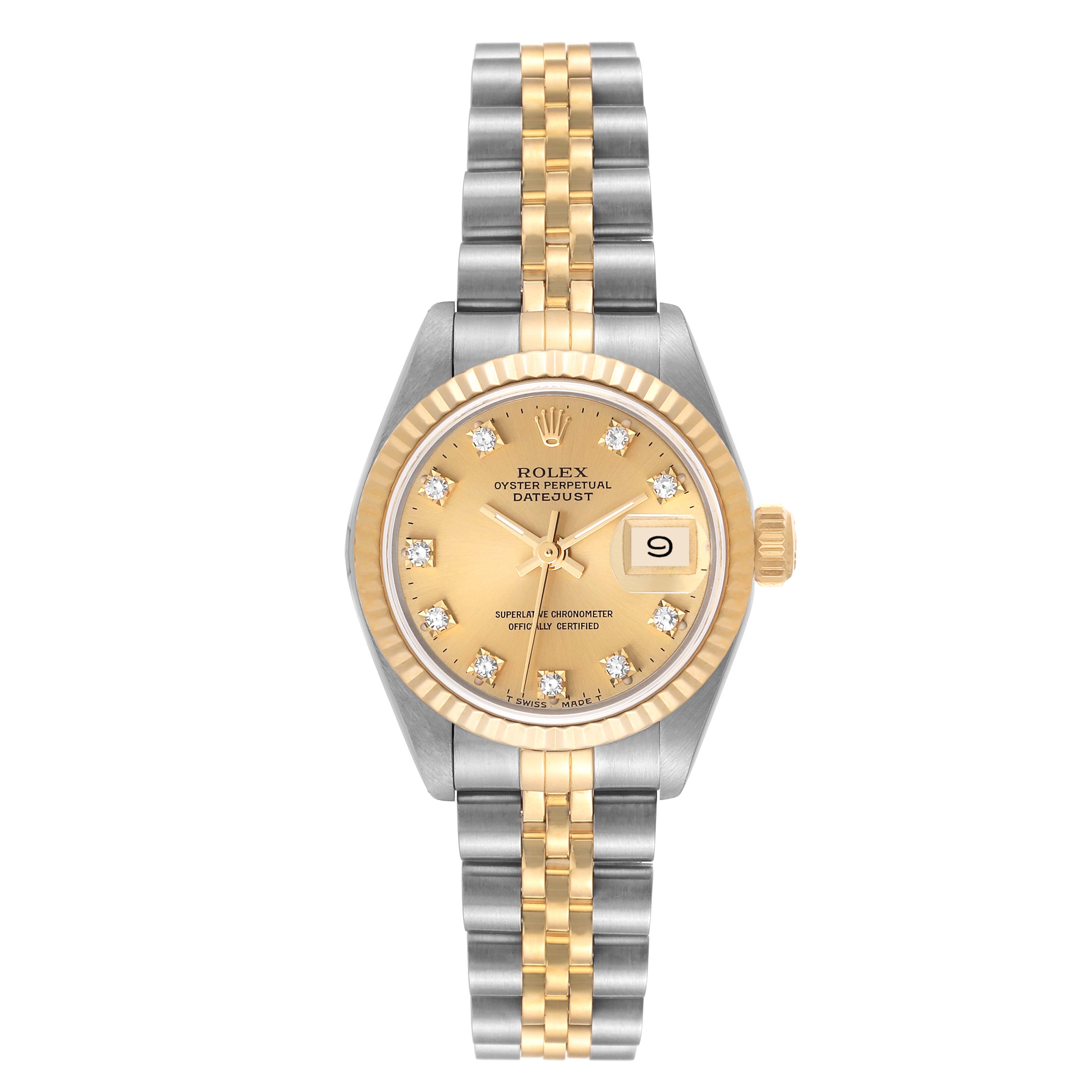 The Rolex Datejust 69173 Women's Steel and Gold (two tone) Champagne Dial 69173 Women's Steel and Gold (two tone) Champagne Dial watch is shown from a front angle, displaying its dial, case, bezel, crown, and bracelet.