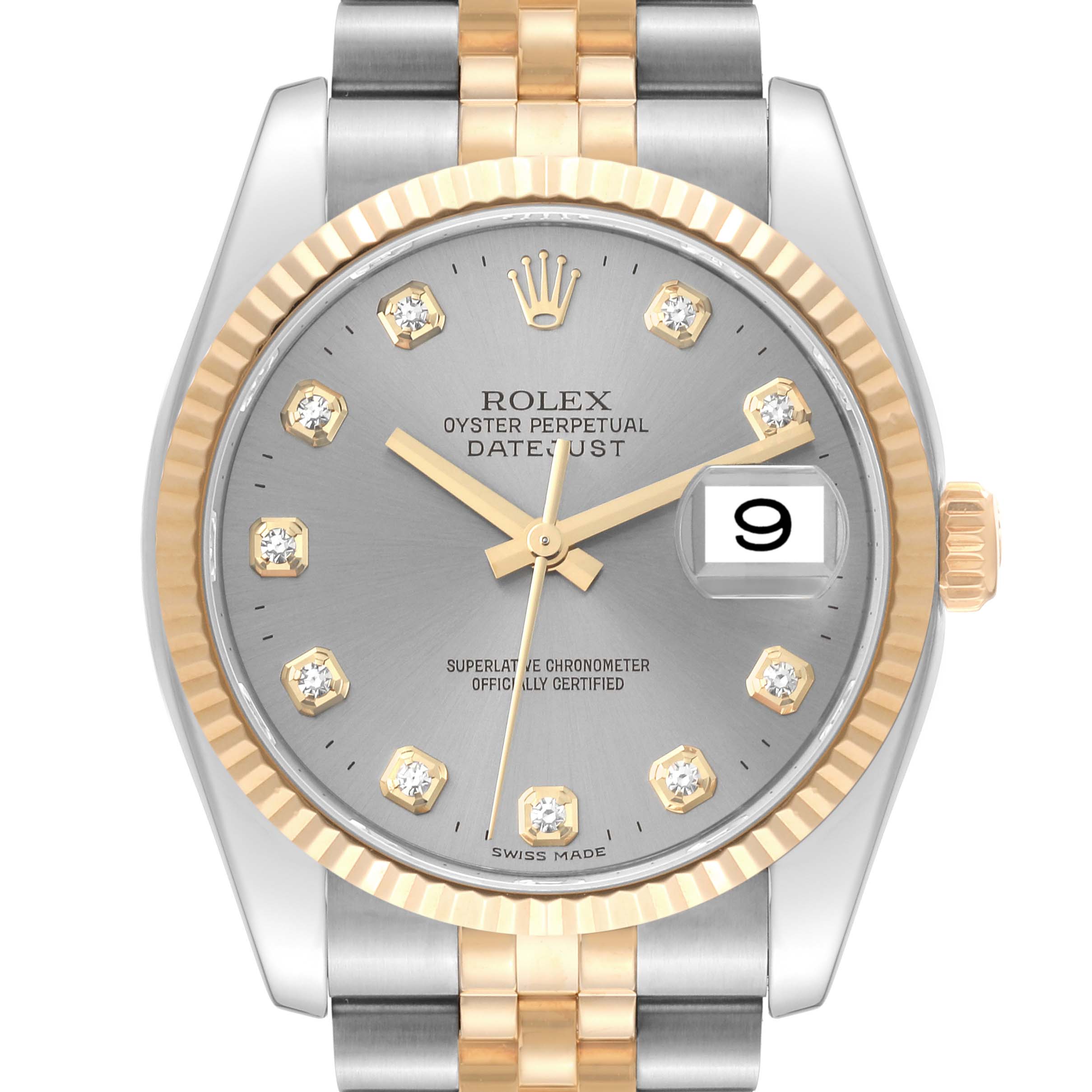 This image shows the front view of a Rolex Datejust 116233 Men's Steel and Gold (two tone) Silver Dial 116233 Men's Steel and Gold (two tone) Silver Dial watch, highlighting the dial, hands, diamond hour markers, date window, and part of the bracelet.